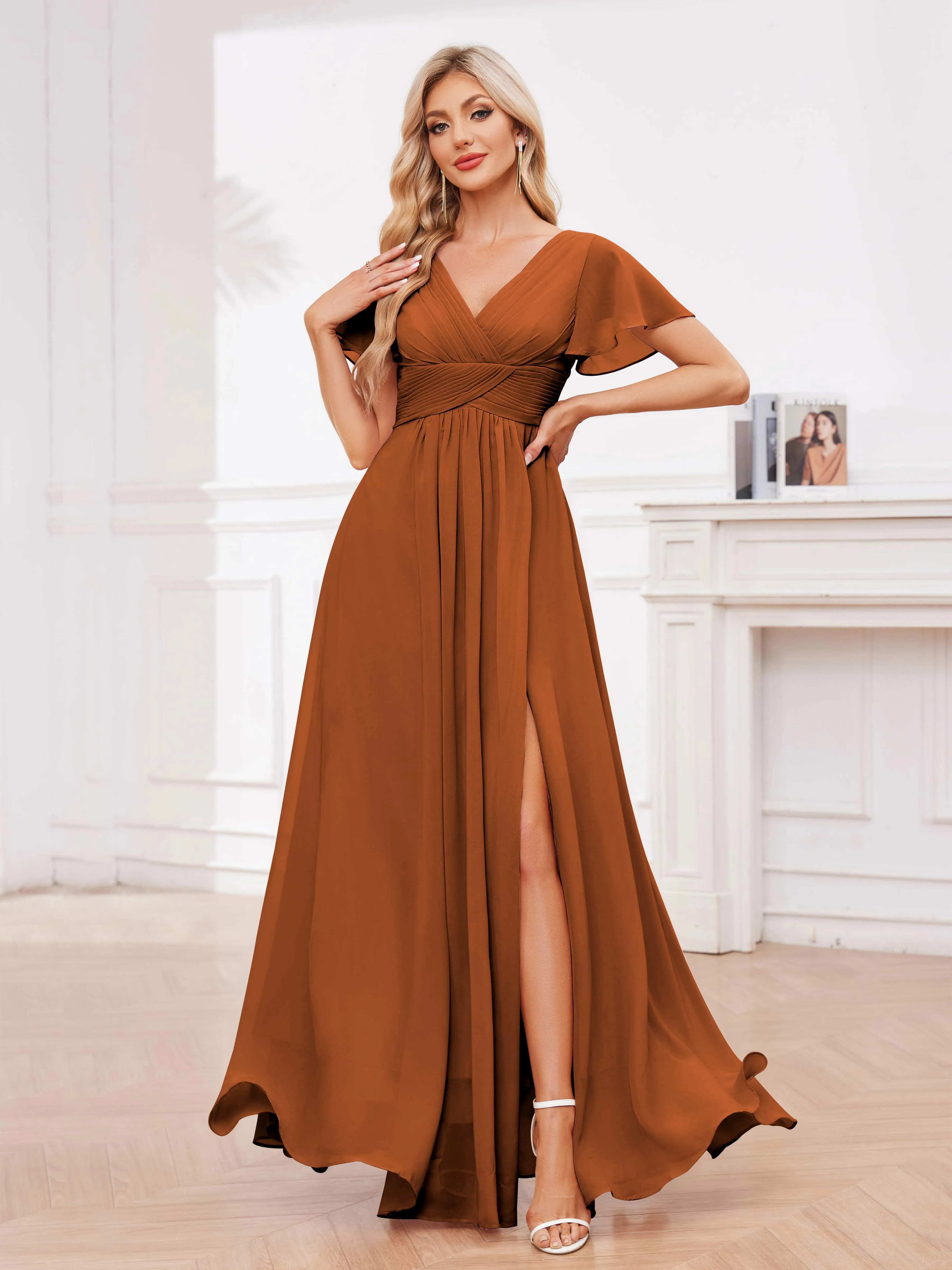 Calliope Graceful V Neck Ruched Floor Length Chiffon Bridesmaid Dresses