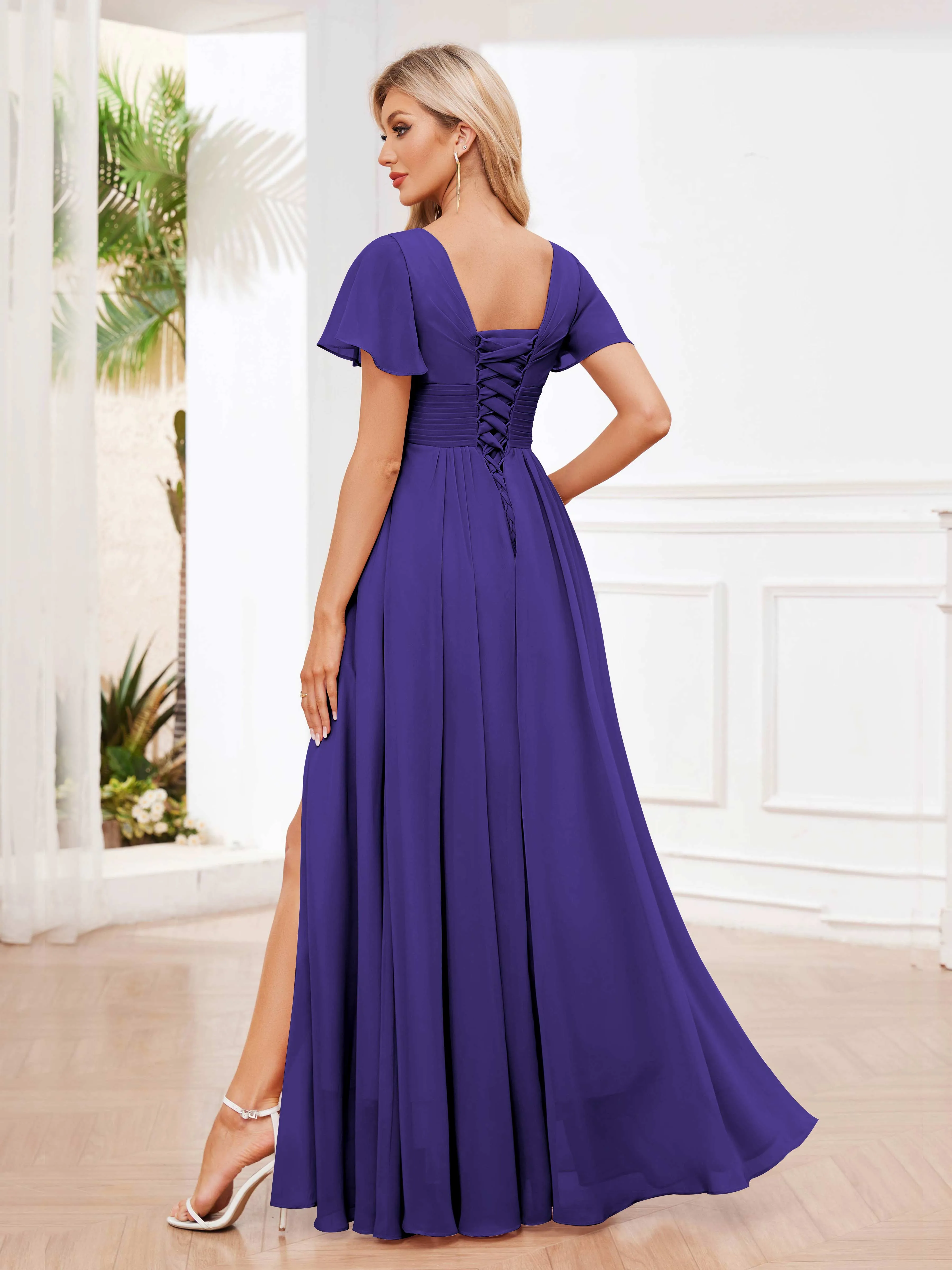 Calliope Graceful V Neck Ruched Floor Length Chiffon Bridesmaid Dresses