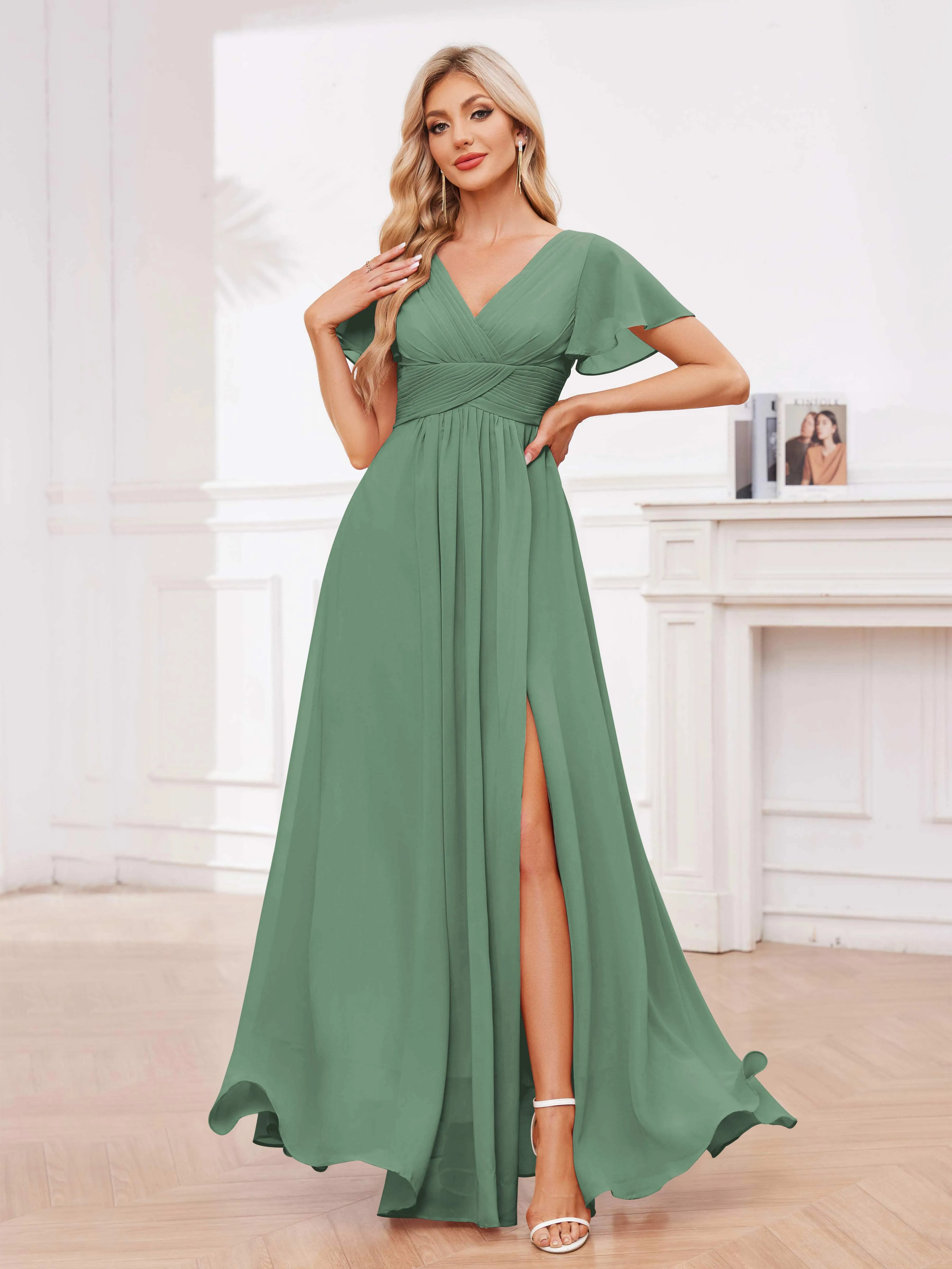 Calliope Graceful V Neck Ruched Floor Length Chiffon Bridesmaid Dresses