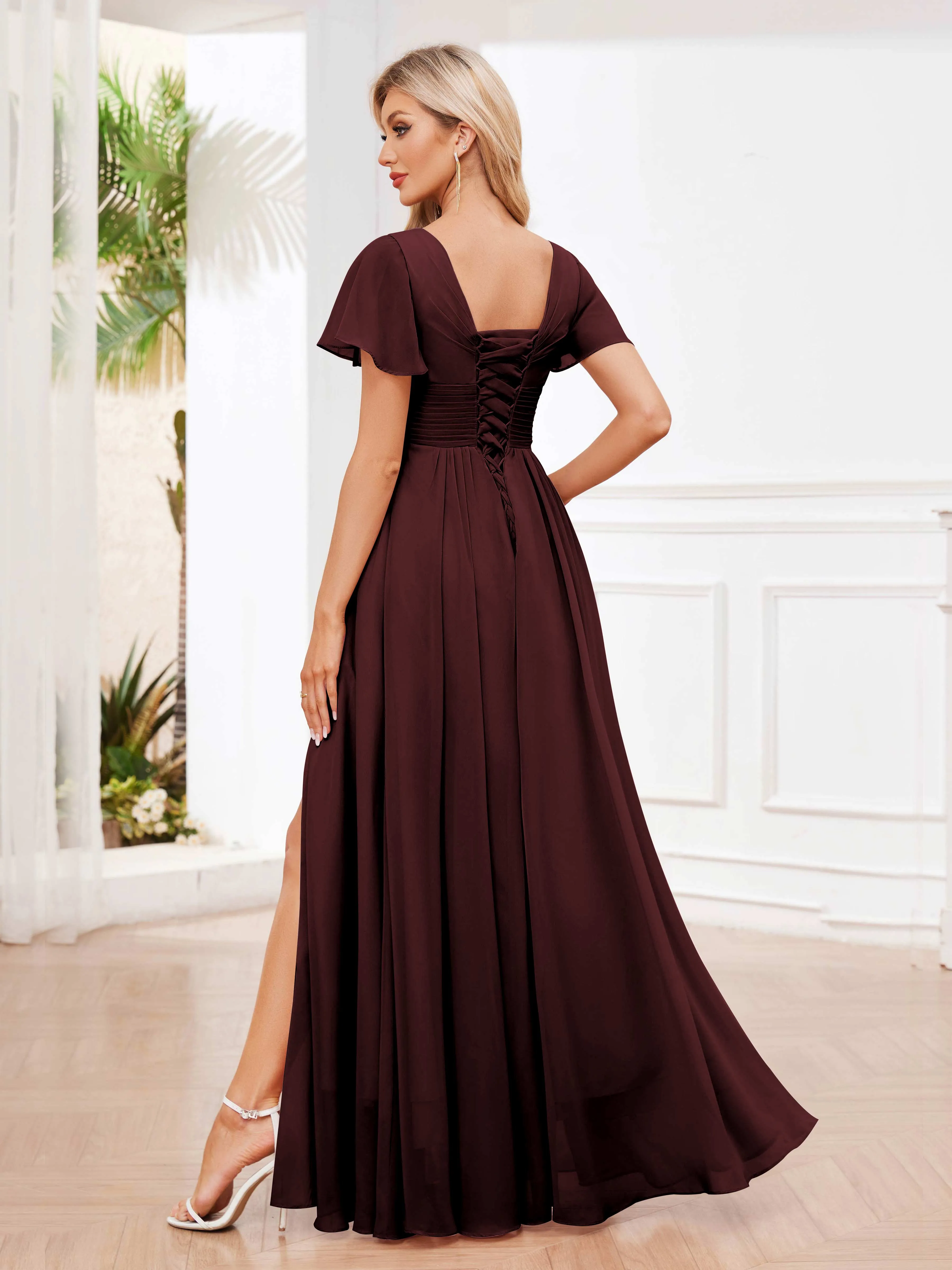 Calliope Graceful V Neck Ruched Floor Length Chiffon Bridesmaid Dresses