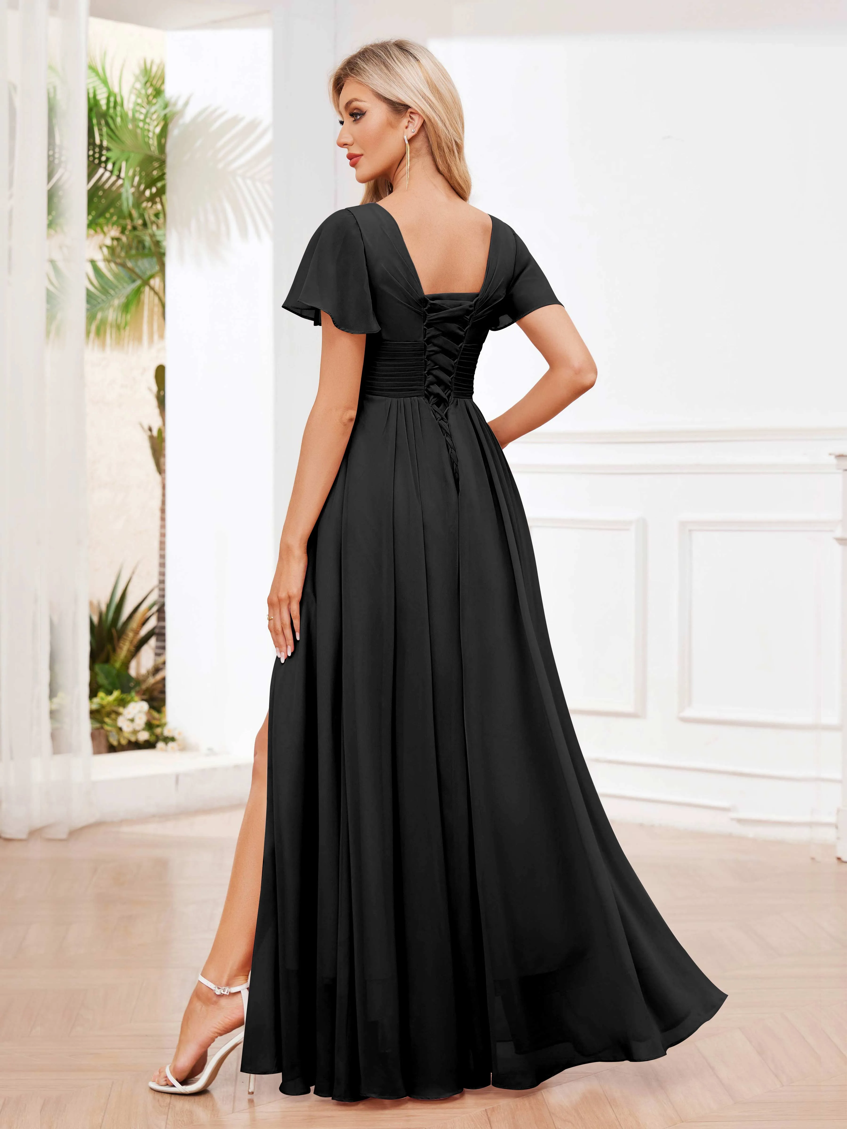 Calliope Graceful V Neck Ruched Floor Length Chiffon Bridesmaid Dresses