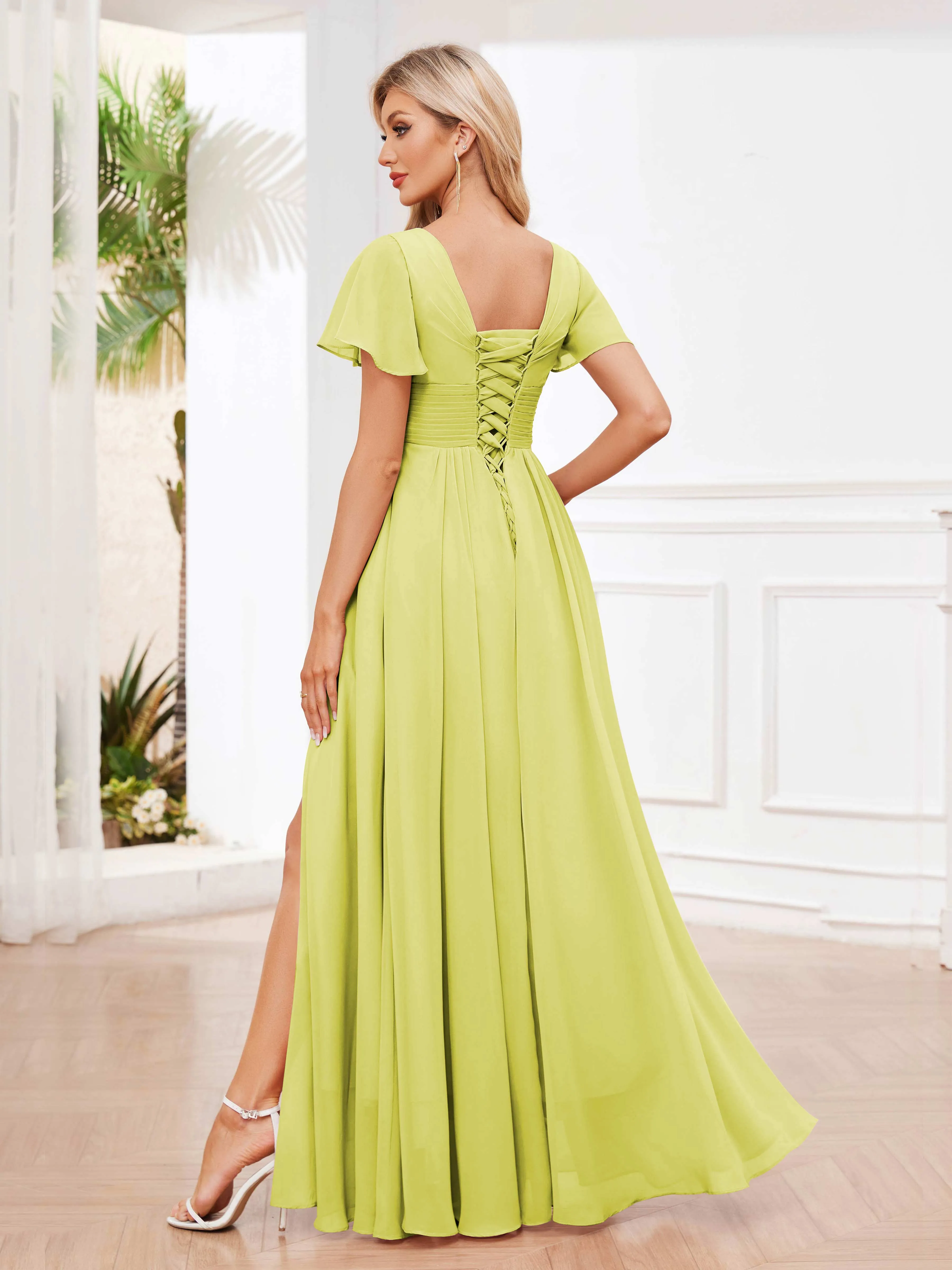 Calliope Graceful V Neck Ruched Floor Length Chiffon Bridesmaid Dresses