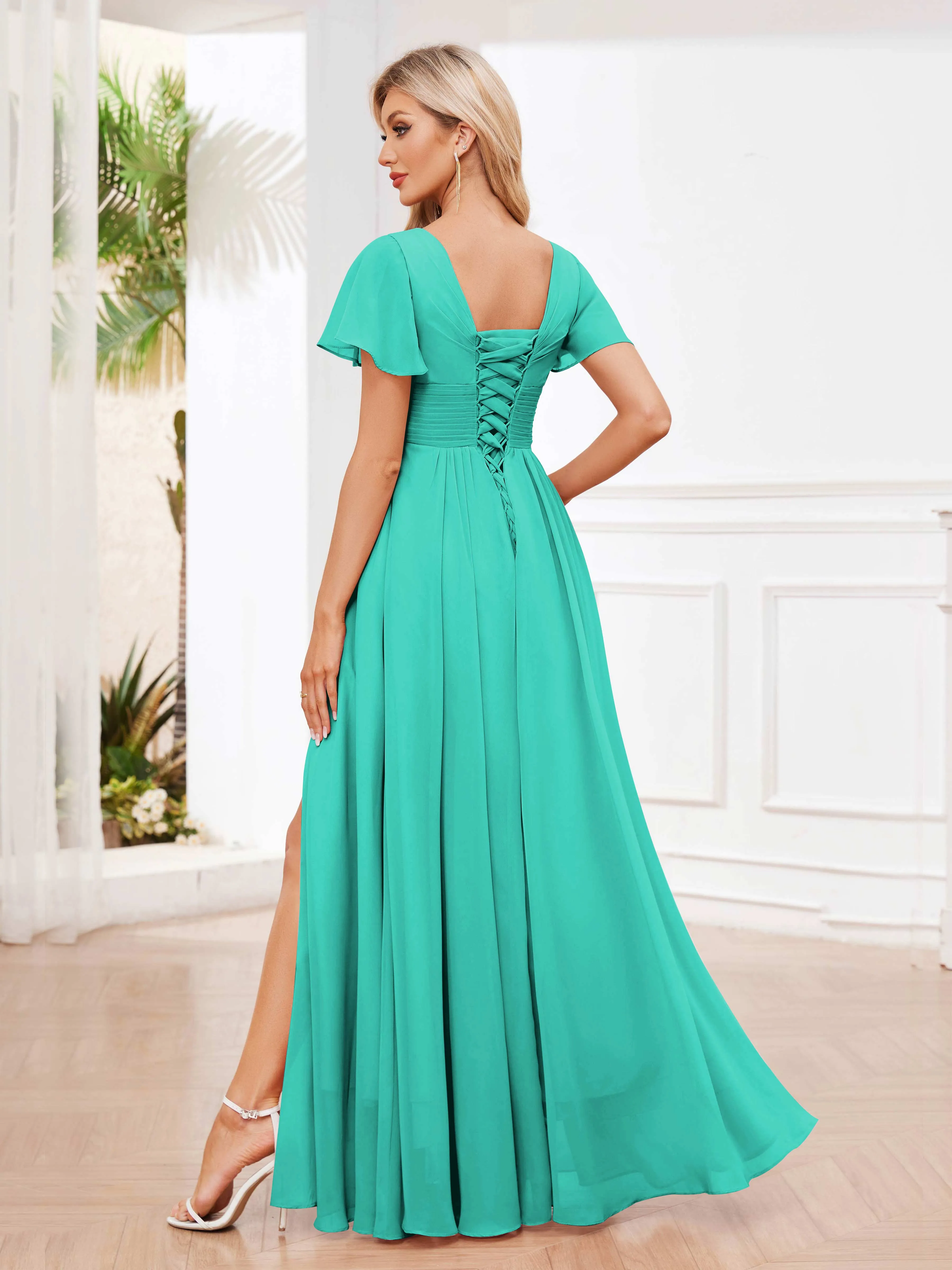 Calliope Graceful V Neck Ruched Floor Length Chiffon Bridesmaid Dresses