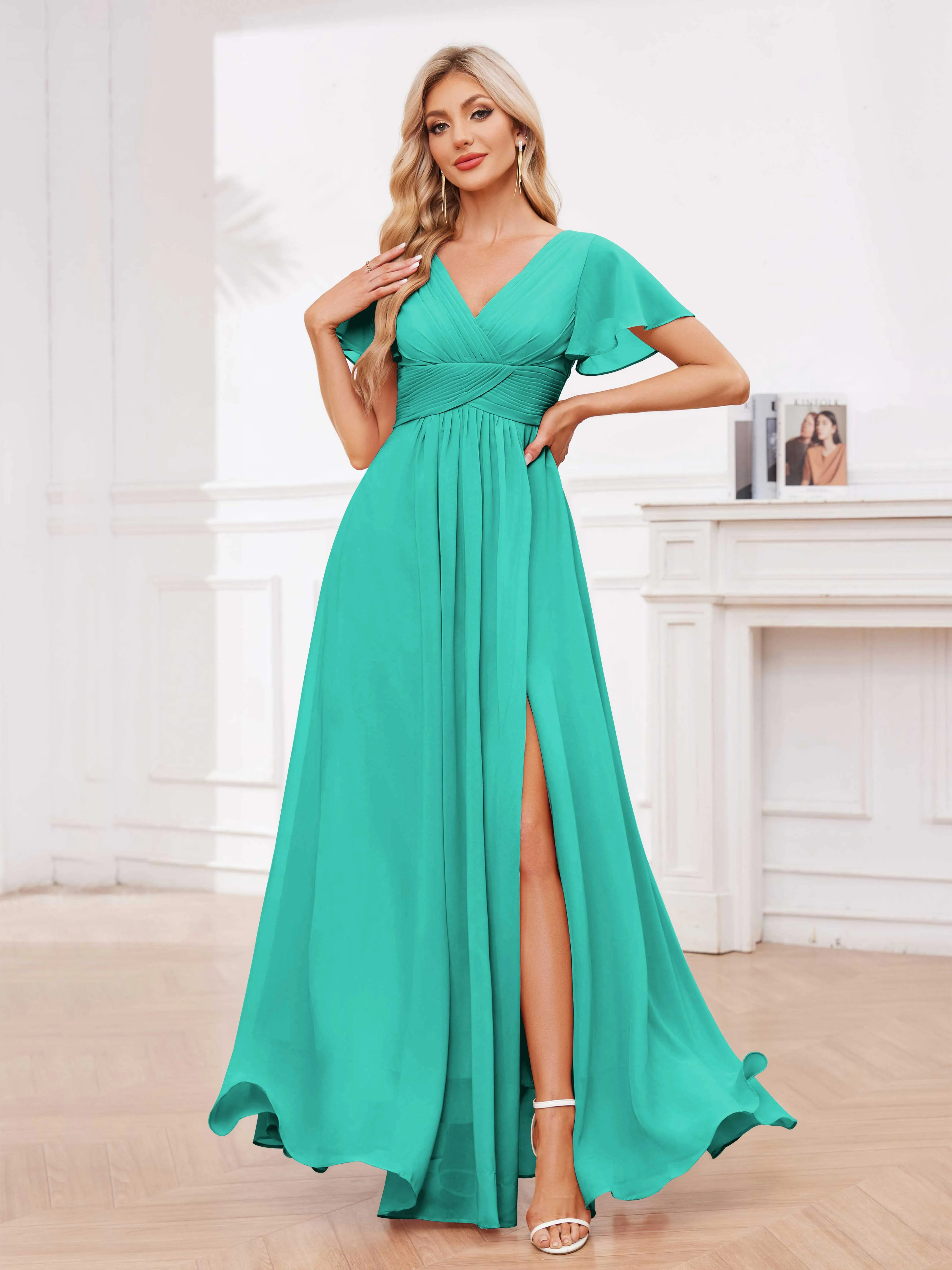 Calliope Graceful V Neck Ruched Floor Length Chiffon Bridesmaid Dresses