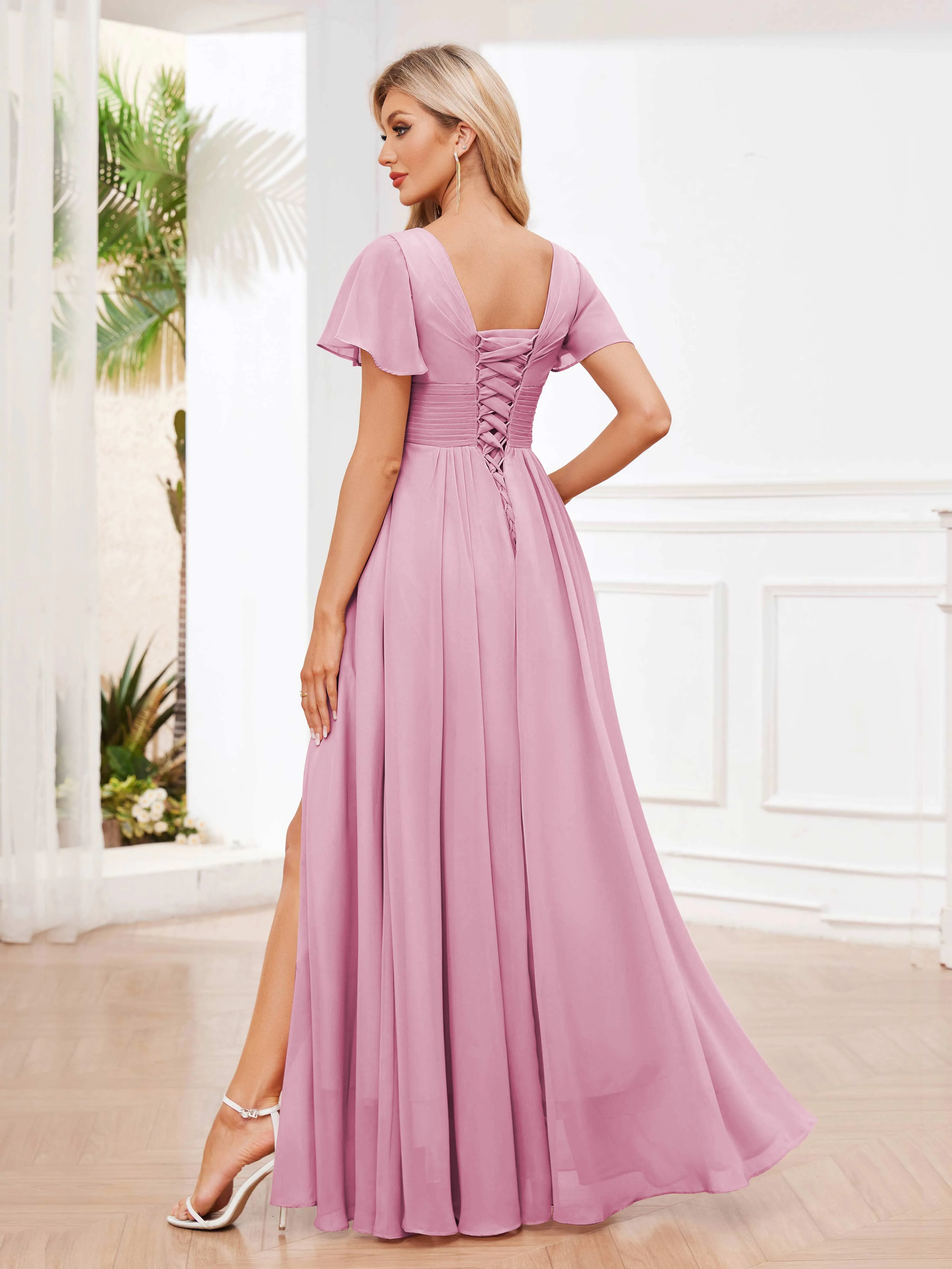 Calliope Graceful V Neck Ruched Floor Length Chiffon Bridesmaid Dresses