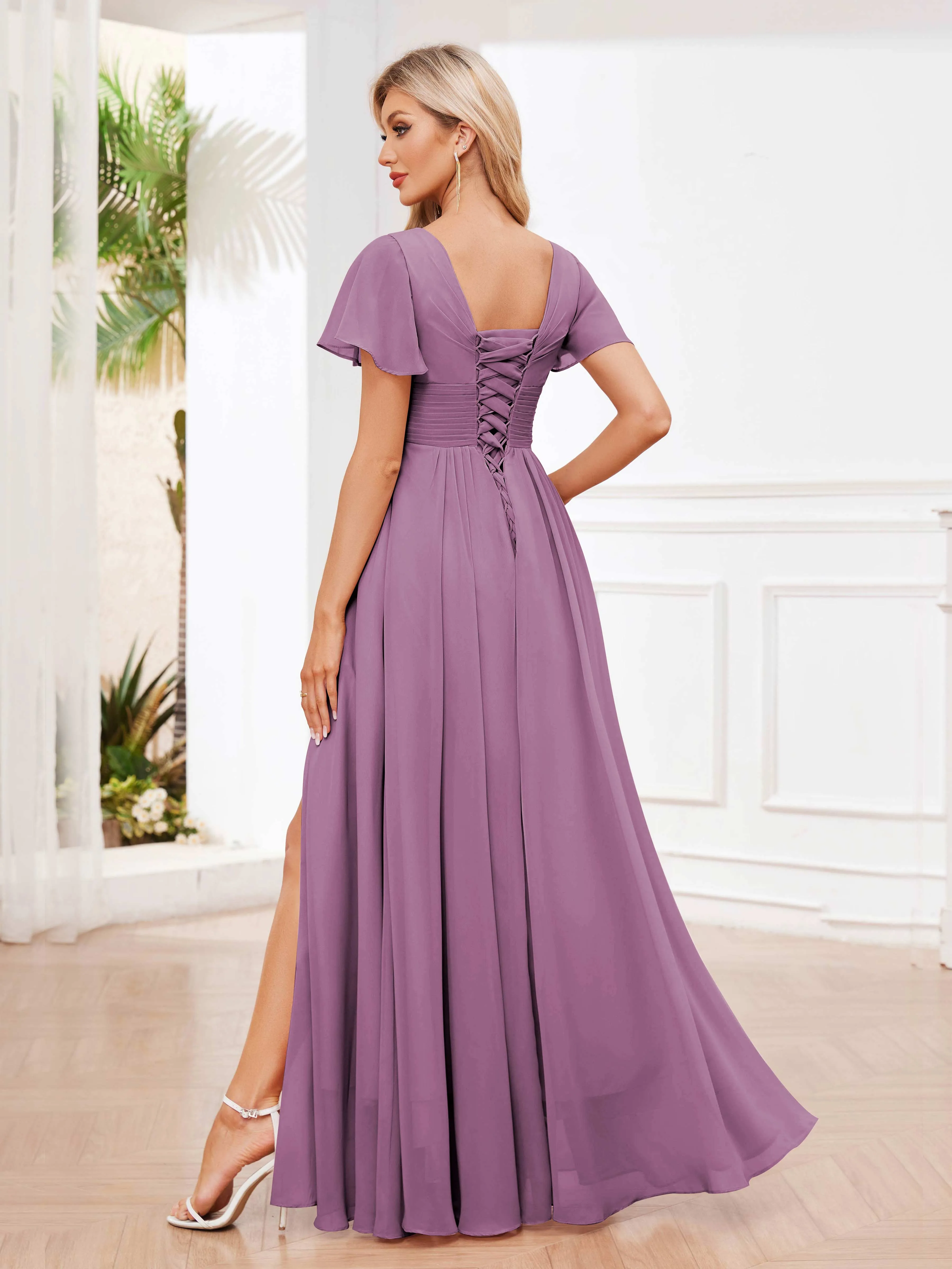 Calliope Graceful V Neck Ruched Floor Length Chiffon Bridesmaid Dresses