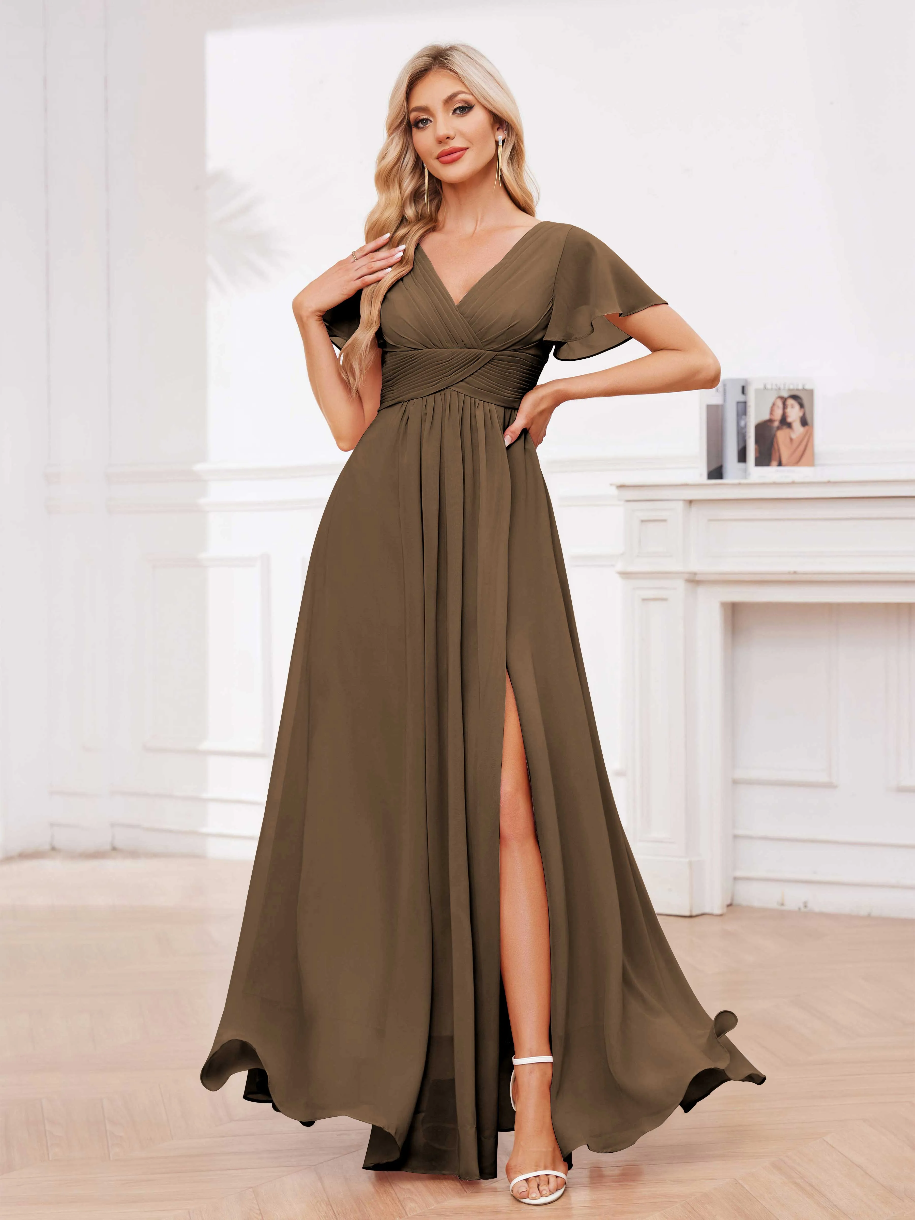 Calliope Graceful V Neck Ruched Floor Length Chiffon Bridesmaid Dresses