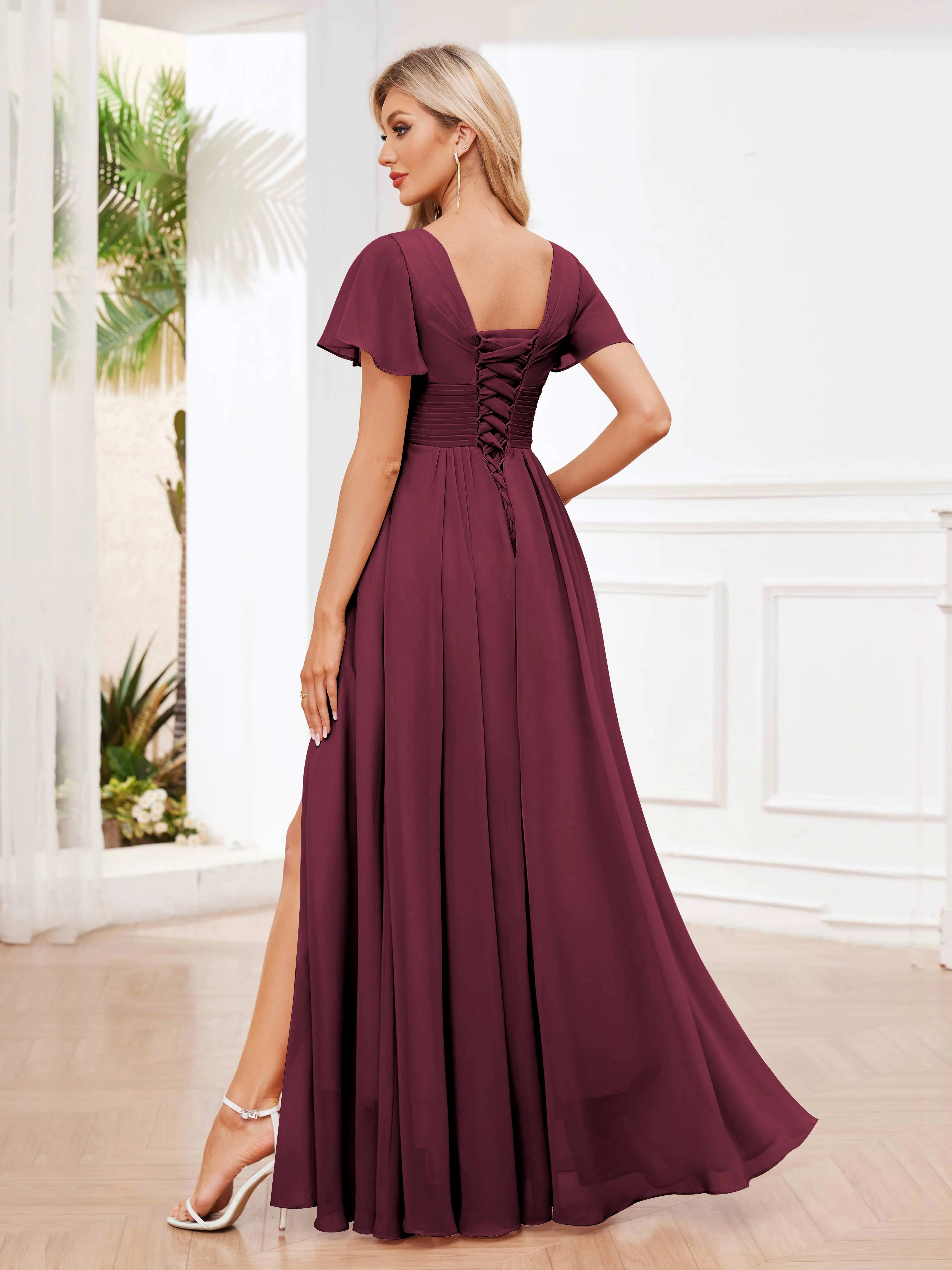 Calliope Graceful V Neck Ruched Floor Length Chiffon Bridesmaid Dresses