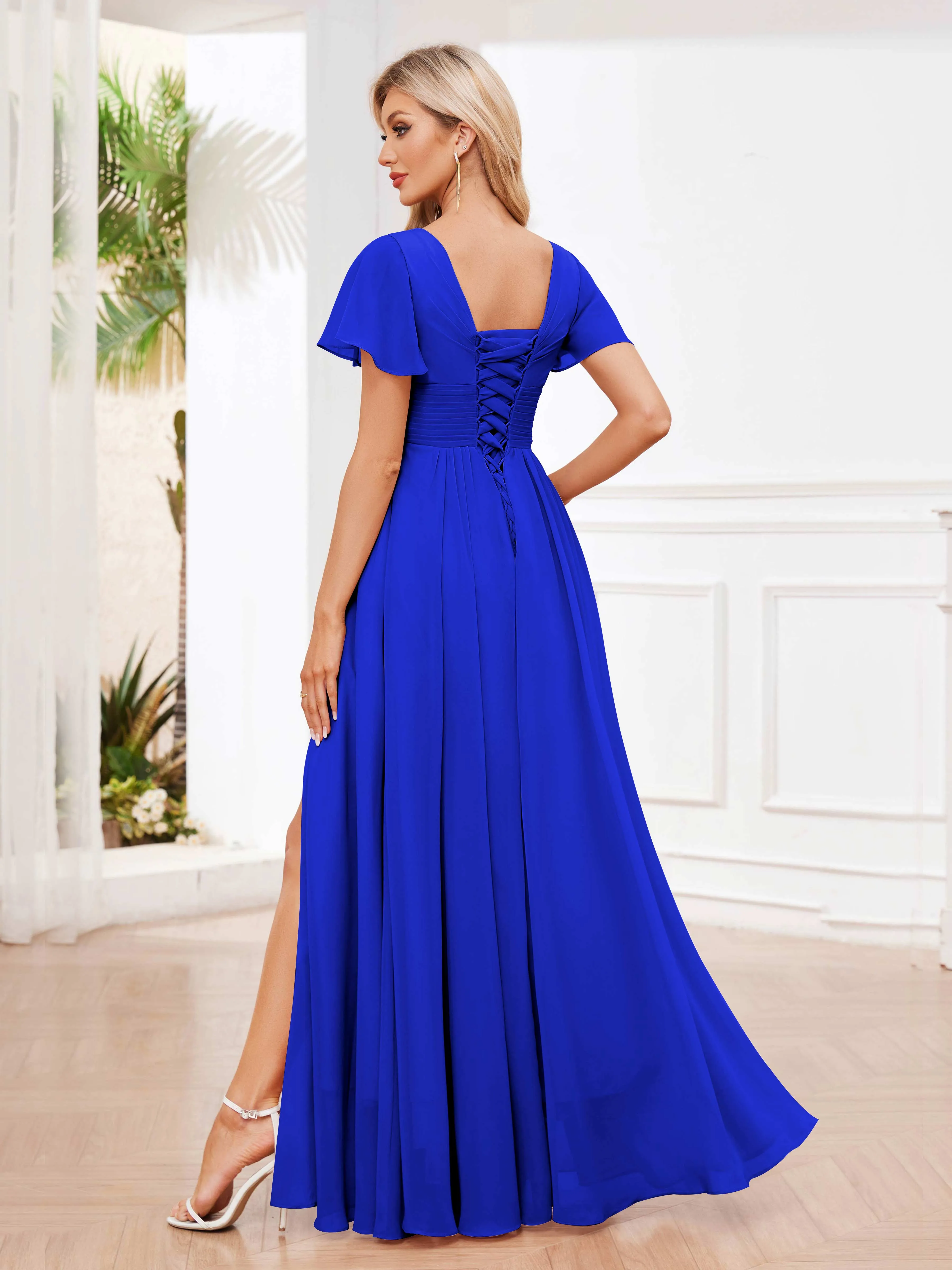 Calliope Graceful V Neck Ruched Floor Length Chiffon Bridesmaid Dresses