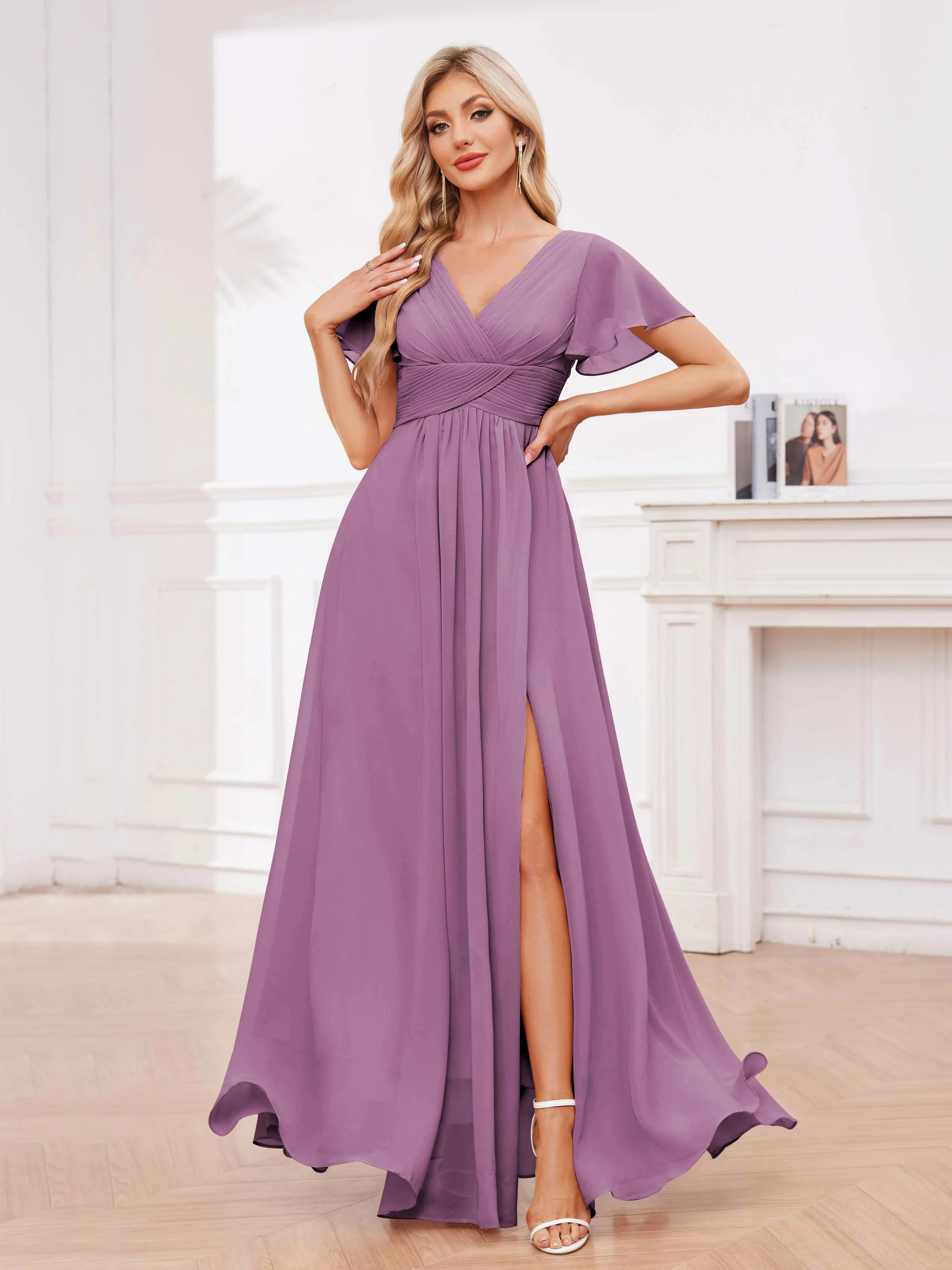 Calliope Graceful V Neck Ruched Floor Length Chiffon Bridesmaid Dresses
