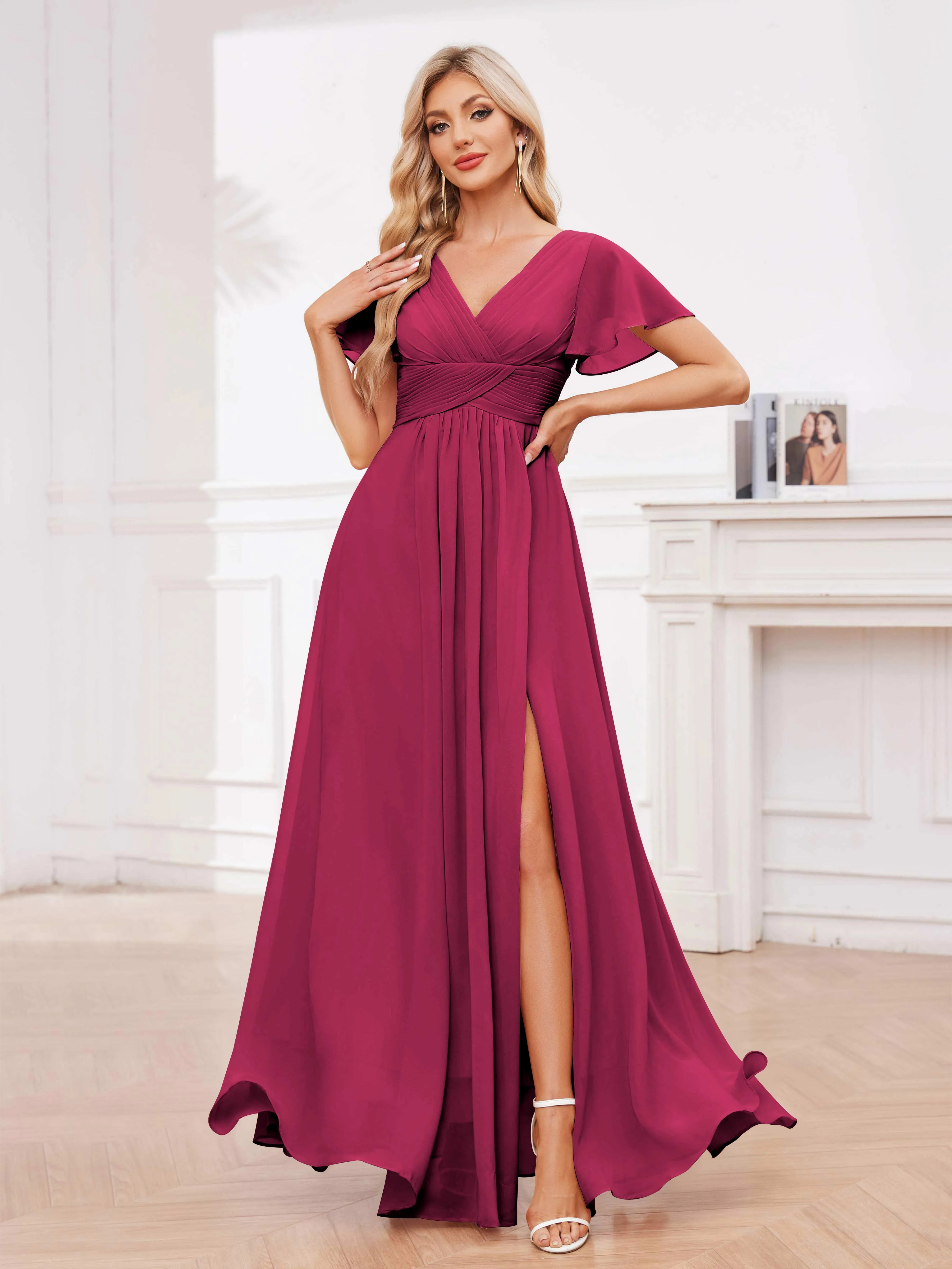 Calliope Graceful V Neck Ruched Floor Length Chiffon Bridesmaid Dresses