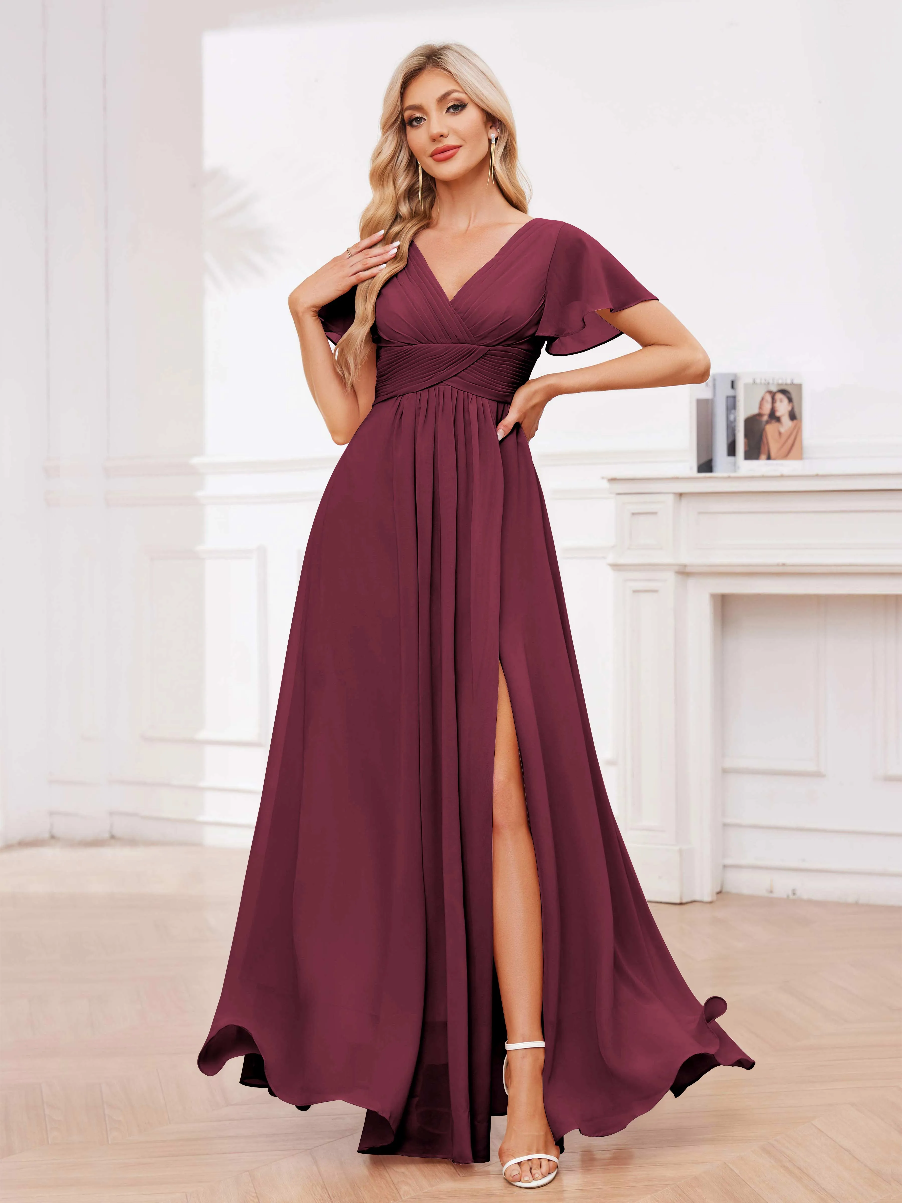 Calliope Graceful V Neck Ruched Floor Length Chiffon Bridesmaid Dresses
