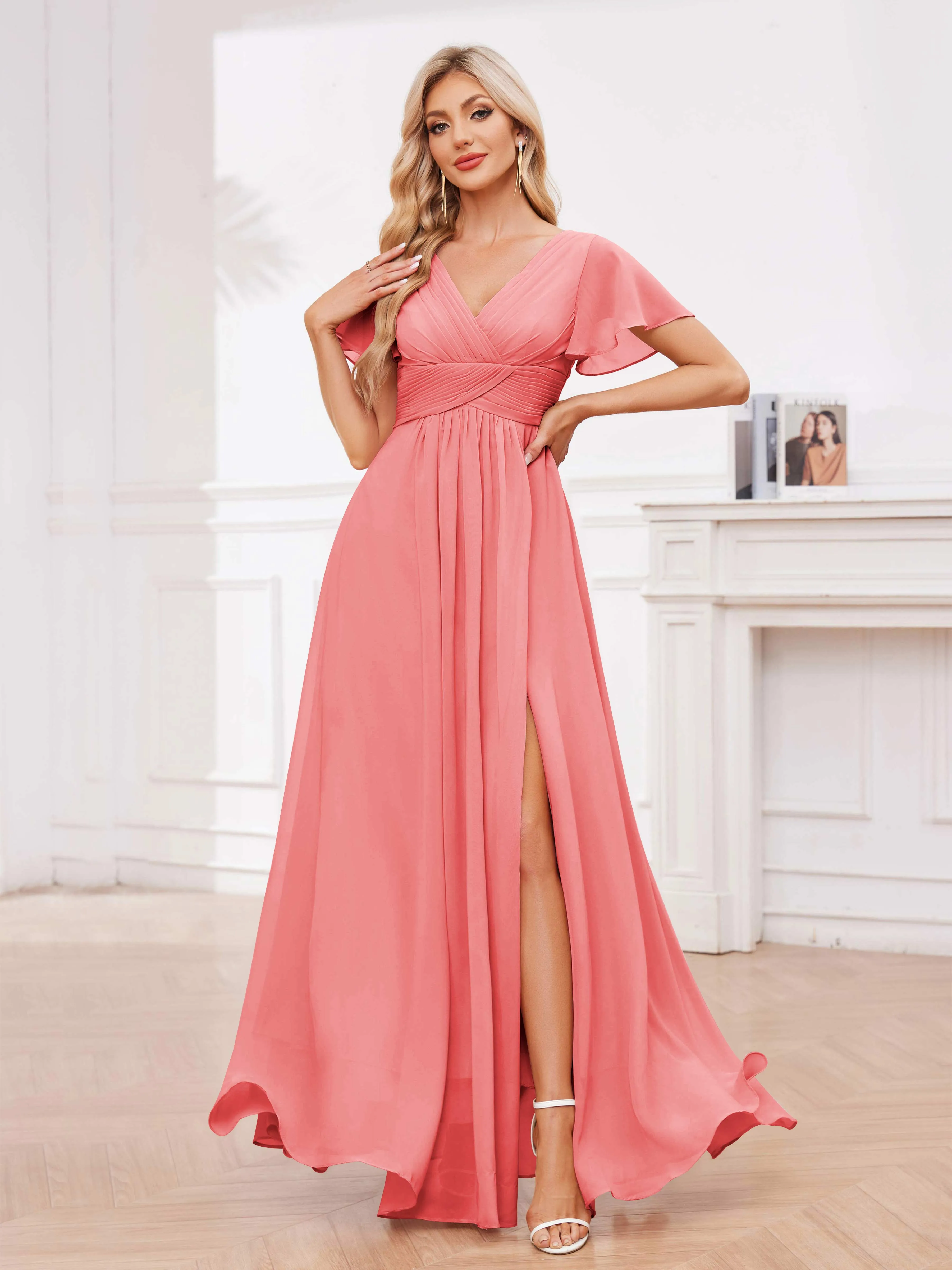 Calliope Graceful V Neck Ruched Floor Length Chiffon Bridesmaid Dresses