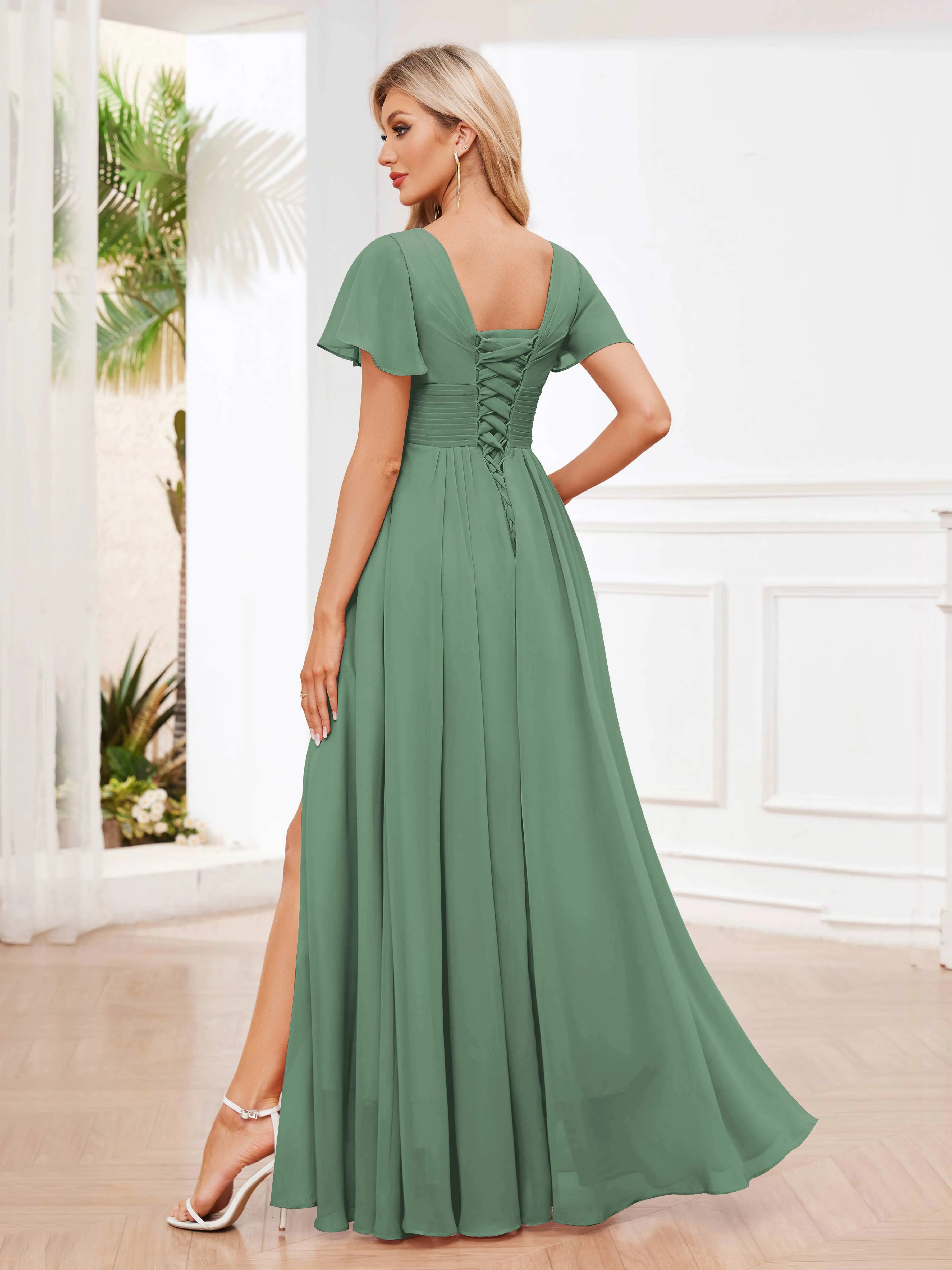 Calliope Graceful V Neck Ruched Floor Length Chiffon Bridesmaid Dresses