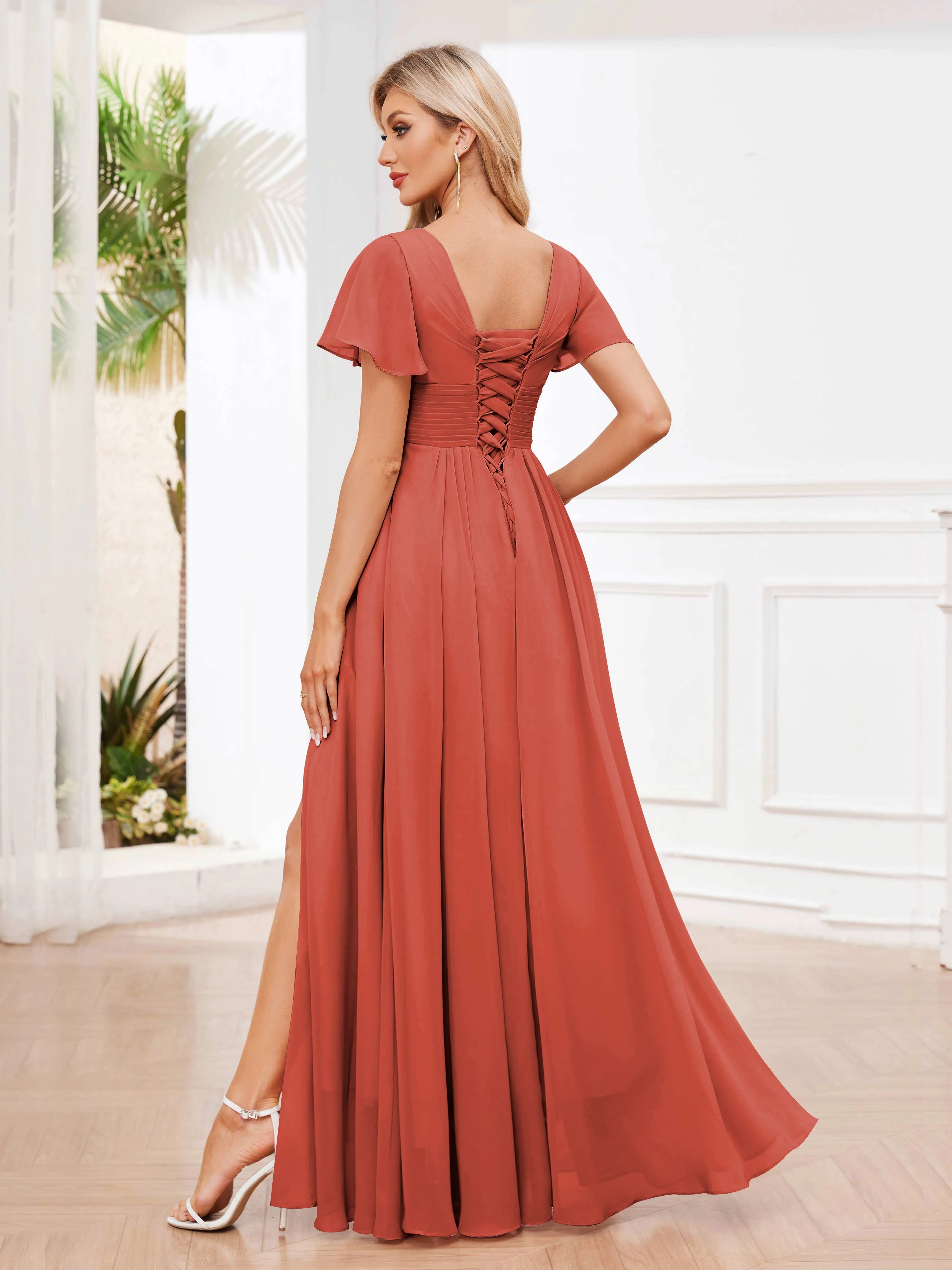Calliope Graceful V Neck Ruched Floor Length Chiffon Bridesmaid Dresses