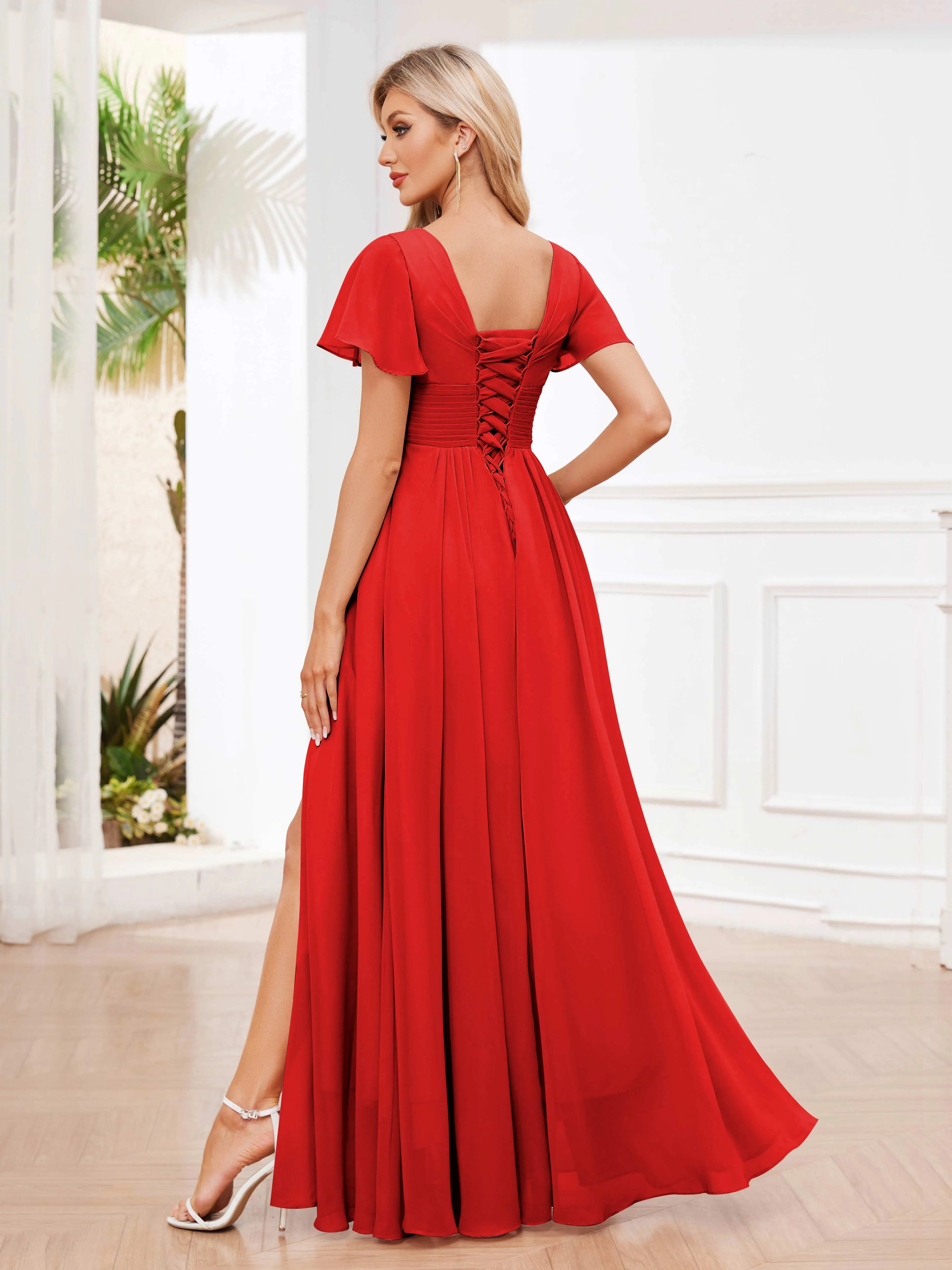 Calliope Graceful V Neck Ruched Floor Length Chiffon Bridesmaid Dresses