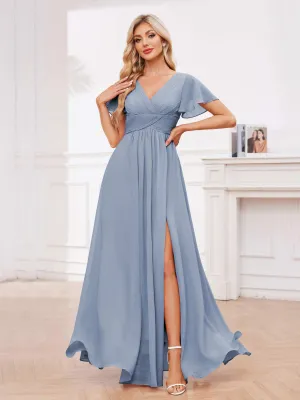 Calliope Graceful V Neck Ruched Floor Length Chiffon Bridesmaid Dresses
