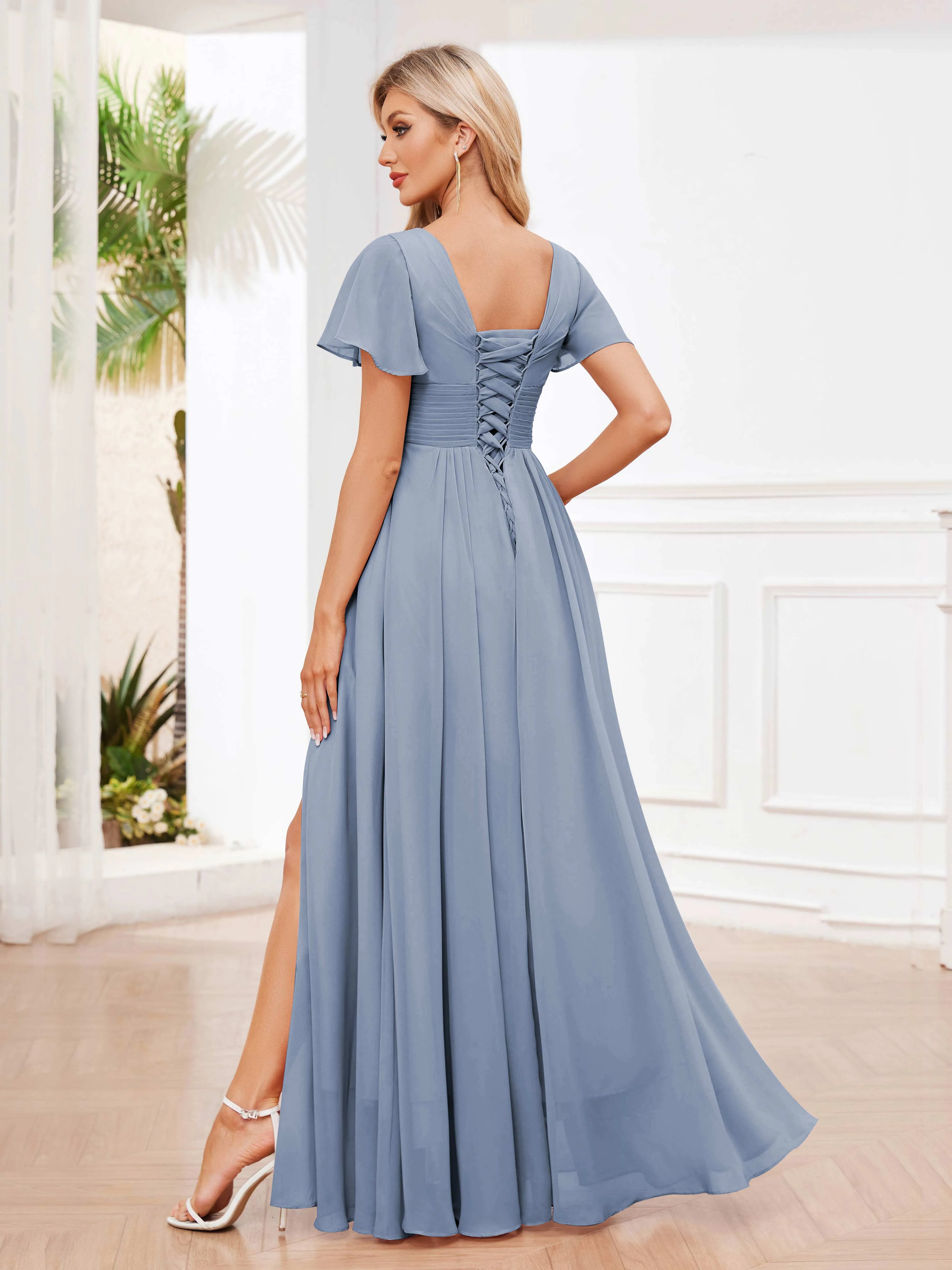 Calliope Graceful V Neck Ruched Floor Length Chiffon Bridesmaid Dresses