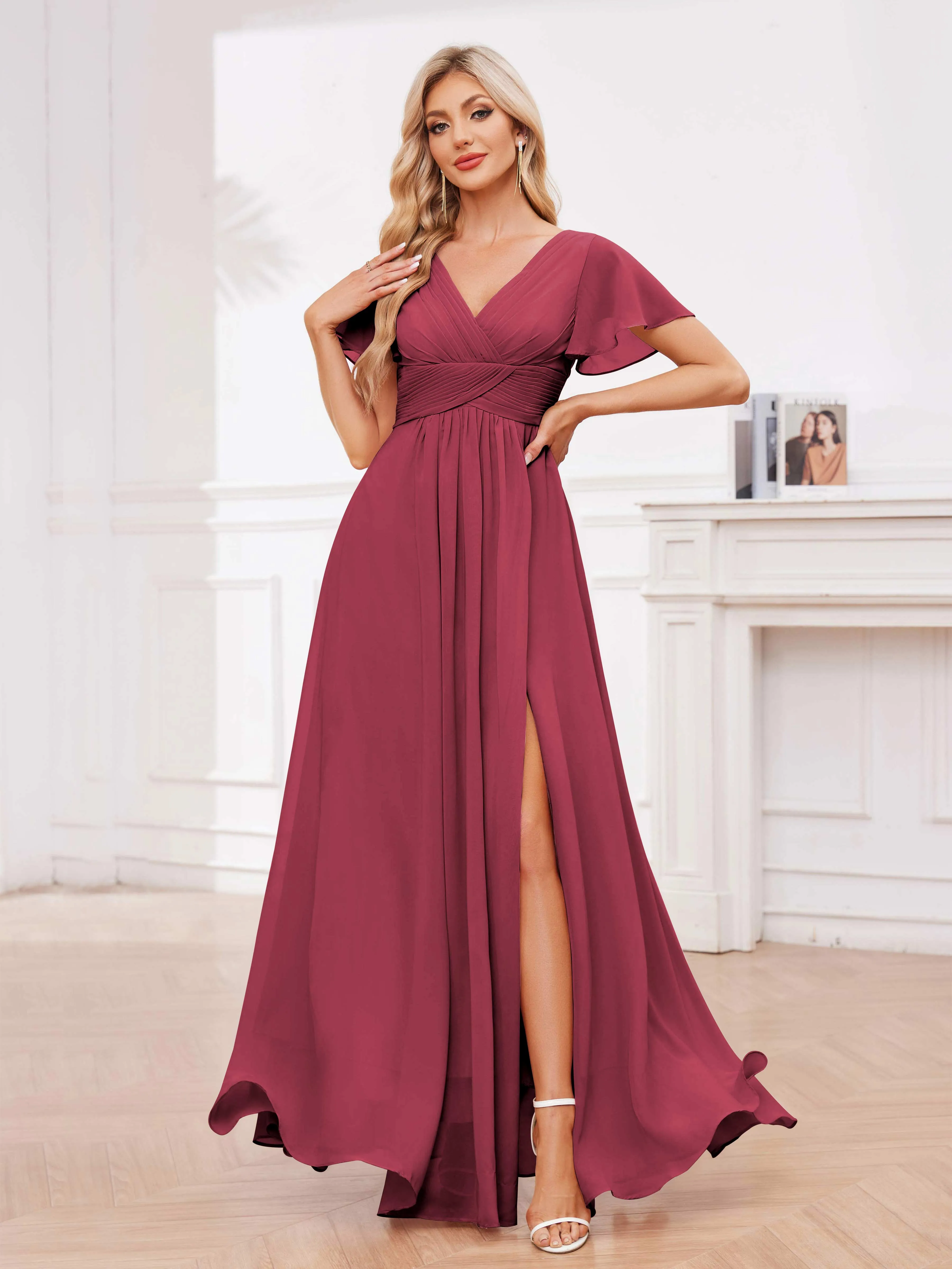 Calliope Graceful V Neck Ruched Floor Length Chiffon Bridesmaid Dresses