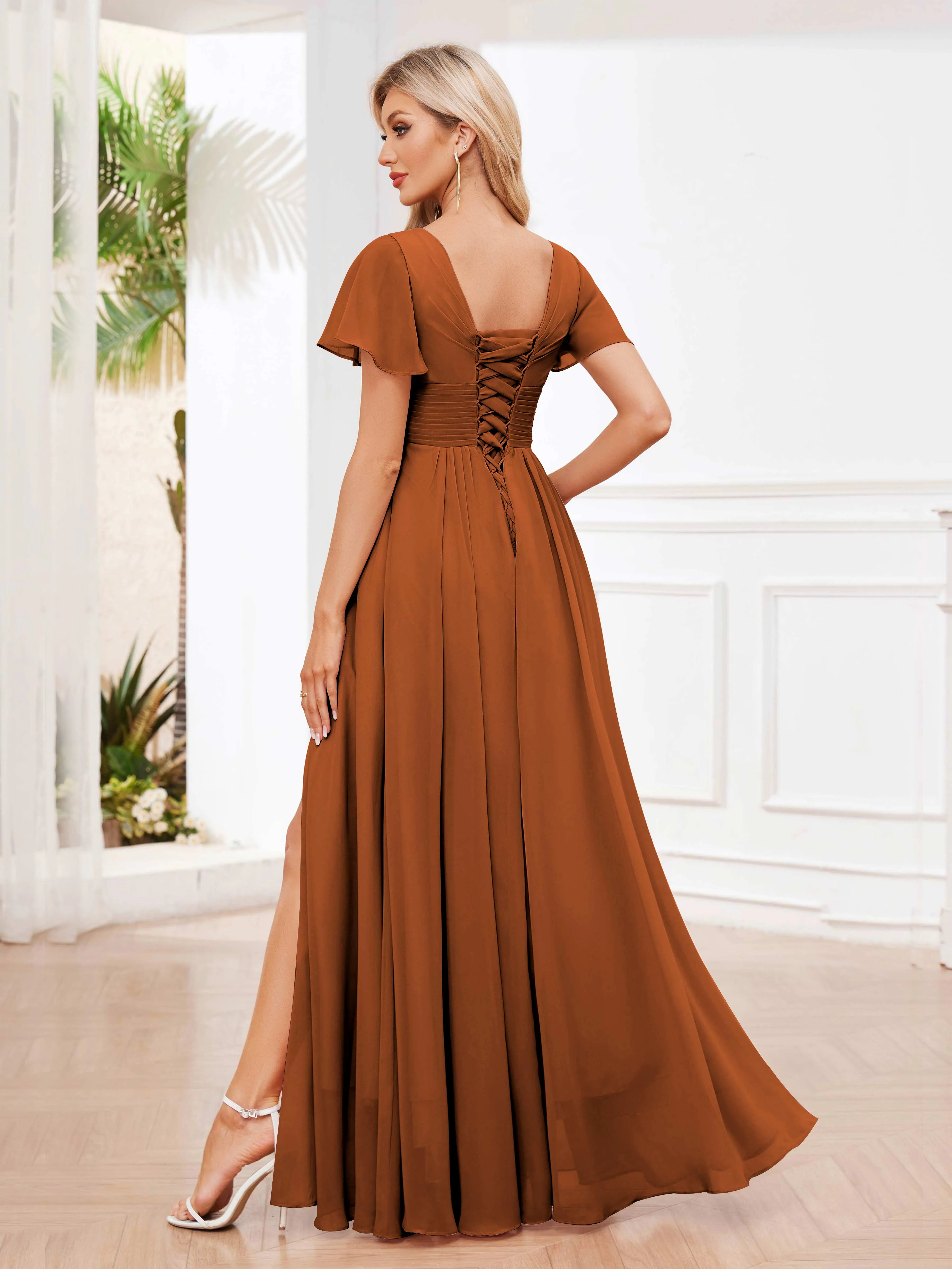 Calliope Graceful V Neck Ruched Floor Length Chiffon Bridesmaid Dresses
