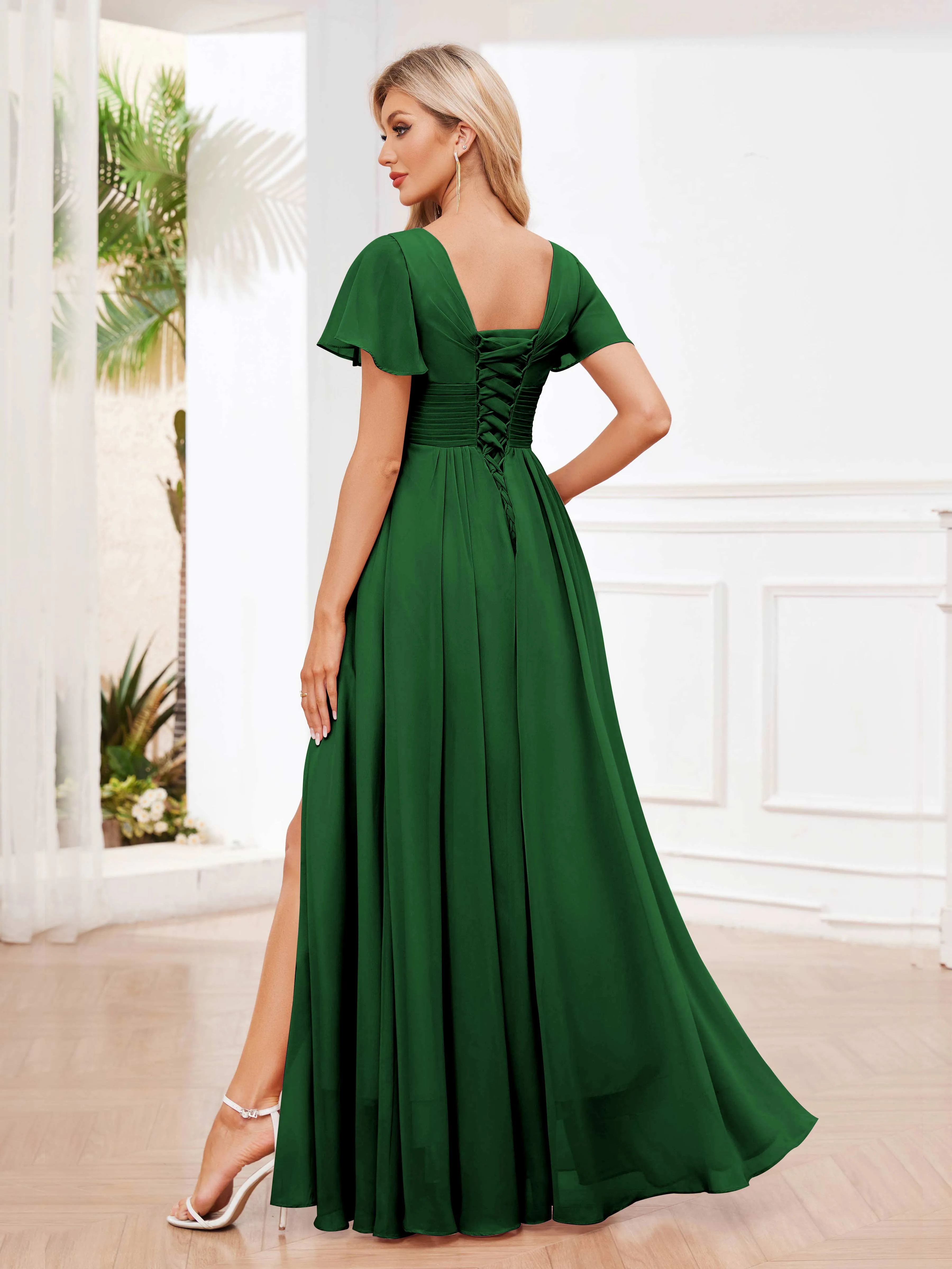 Calliope Graceful V Neck Ruched Floor Length Chiffon Bridesmaid Dresses