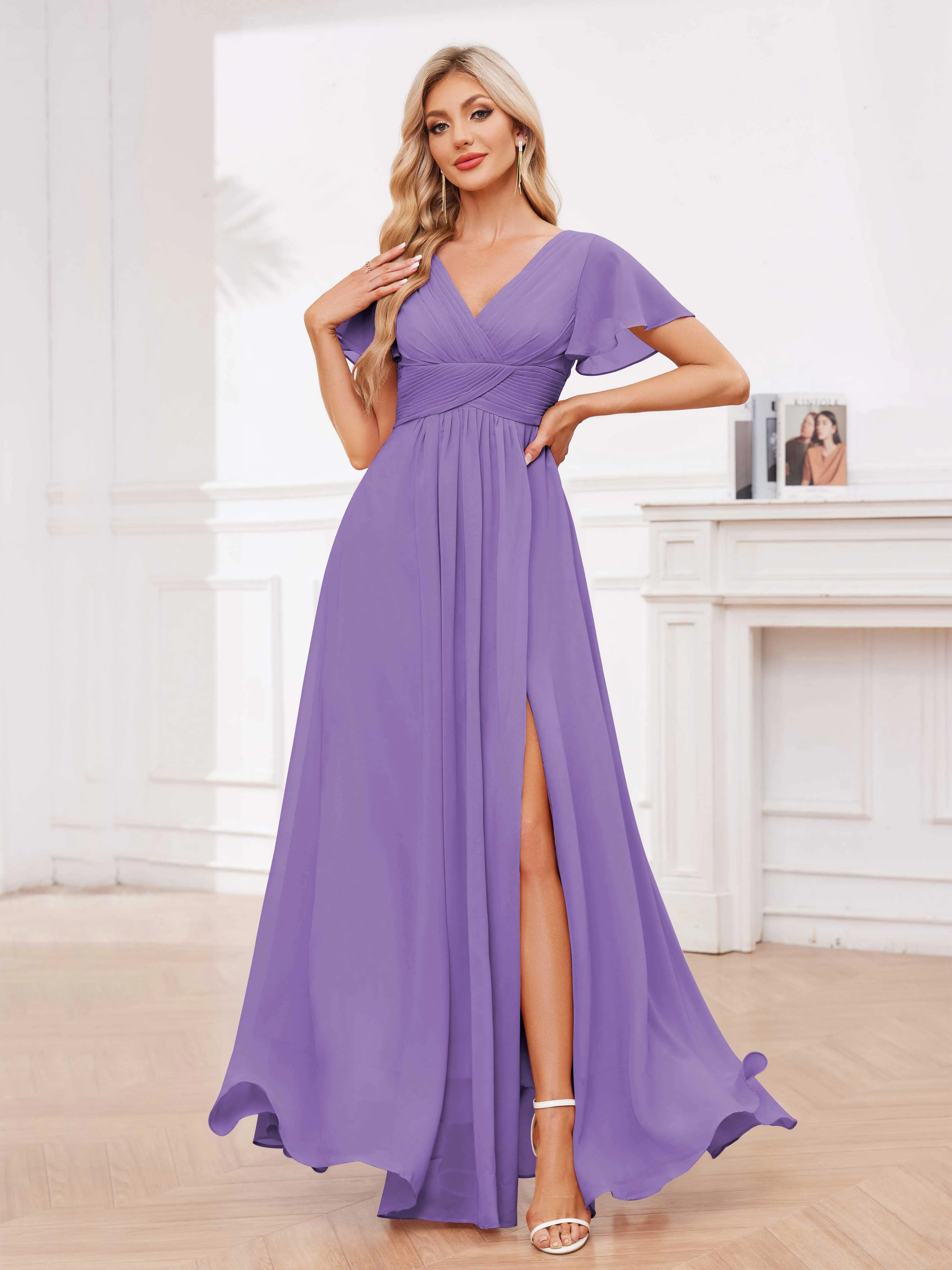 Calliope Graceful V Neck Ruched Floor Length Chiffon Bridesmaid Dresses