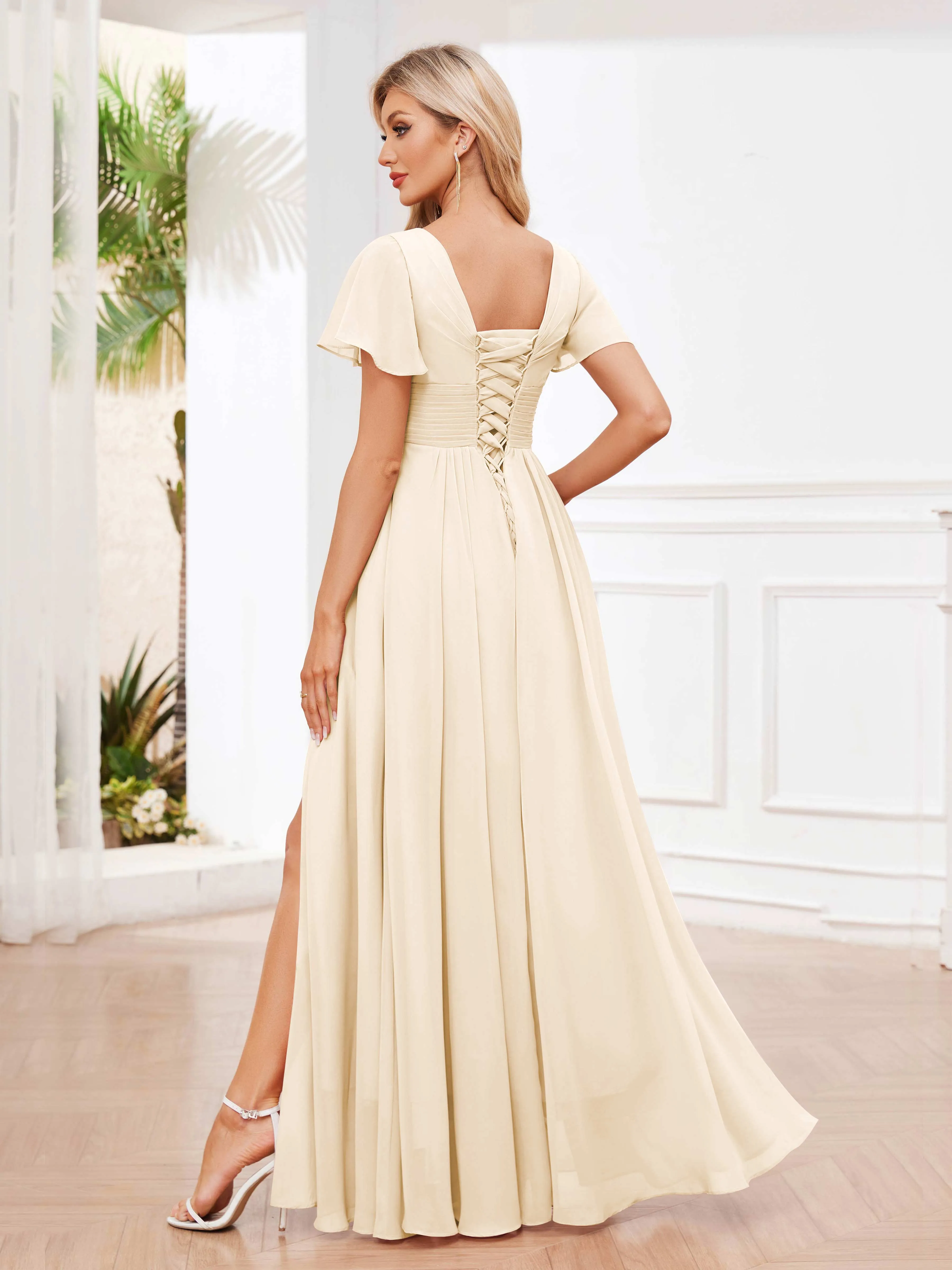 Calliope Graceful V Neck Ruched Floor Length Chiffon Bridesmaid Dresses