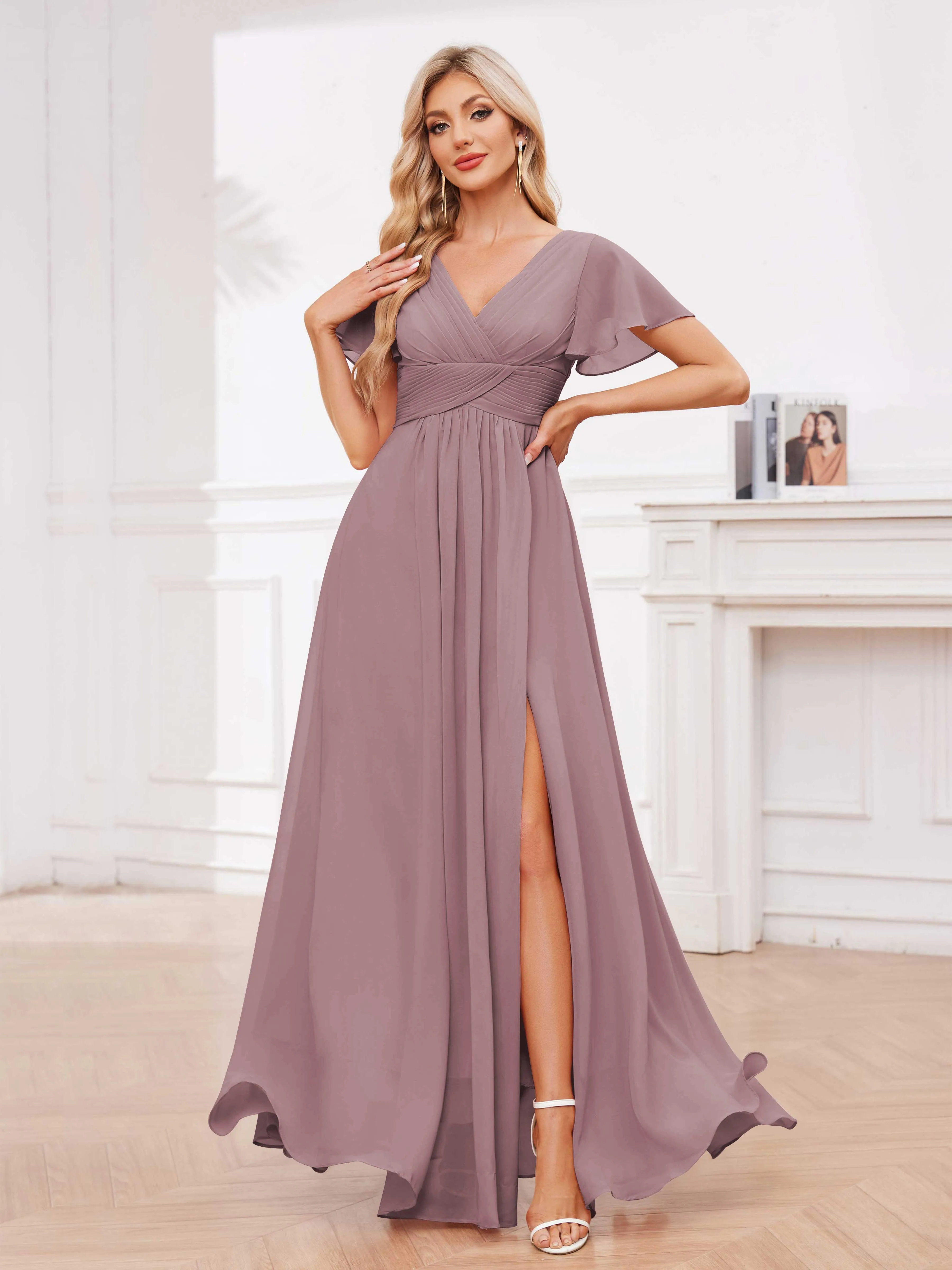 Calliope Graceful V Neck Ruched Floor Length Chiffon Bridesmaid Dresses