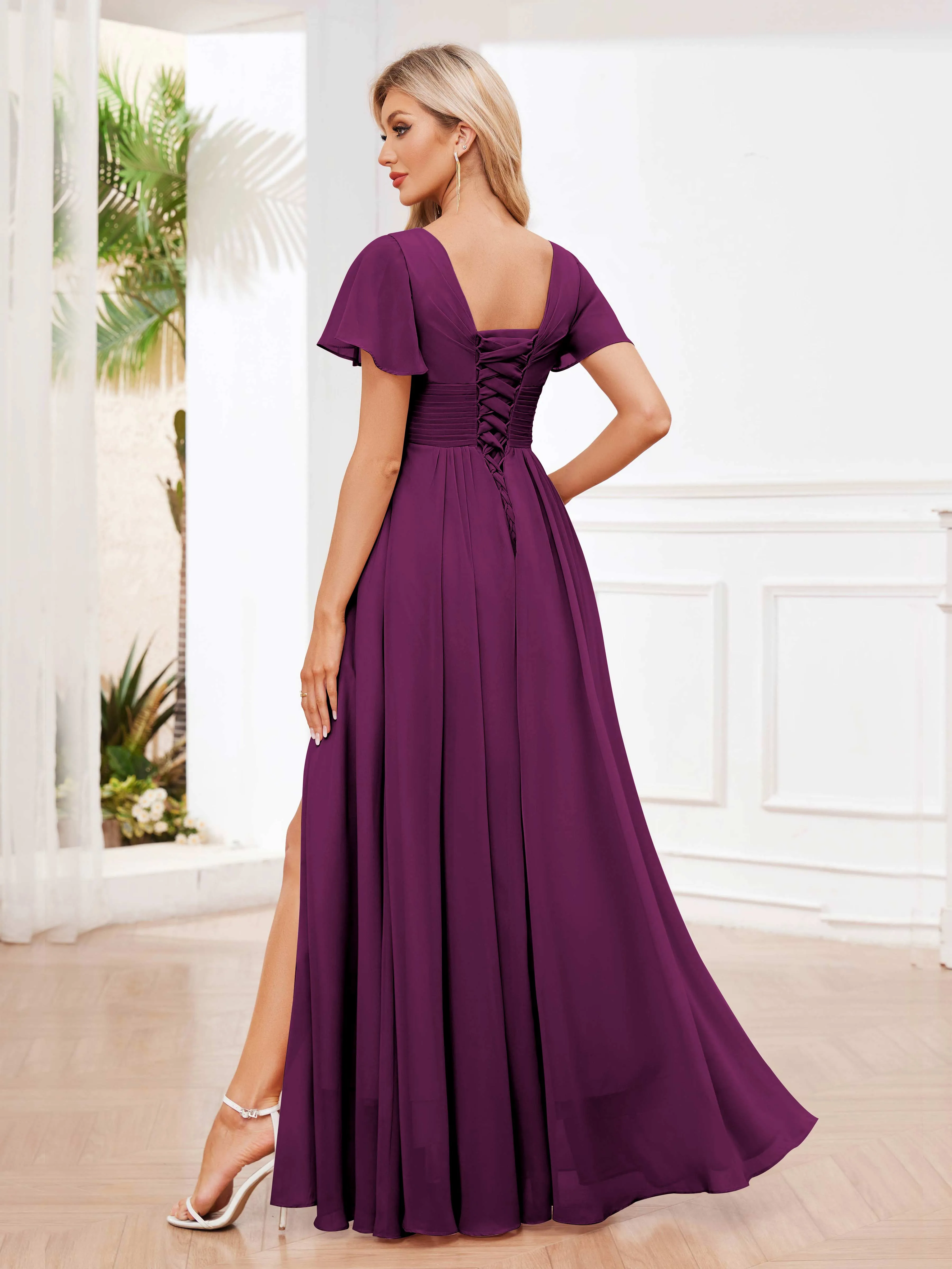 Calliope Graceful V Neck Ruched Floor Length Chiffon Bridesmaid Dresses