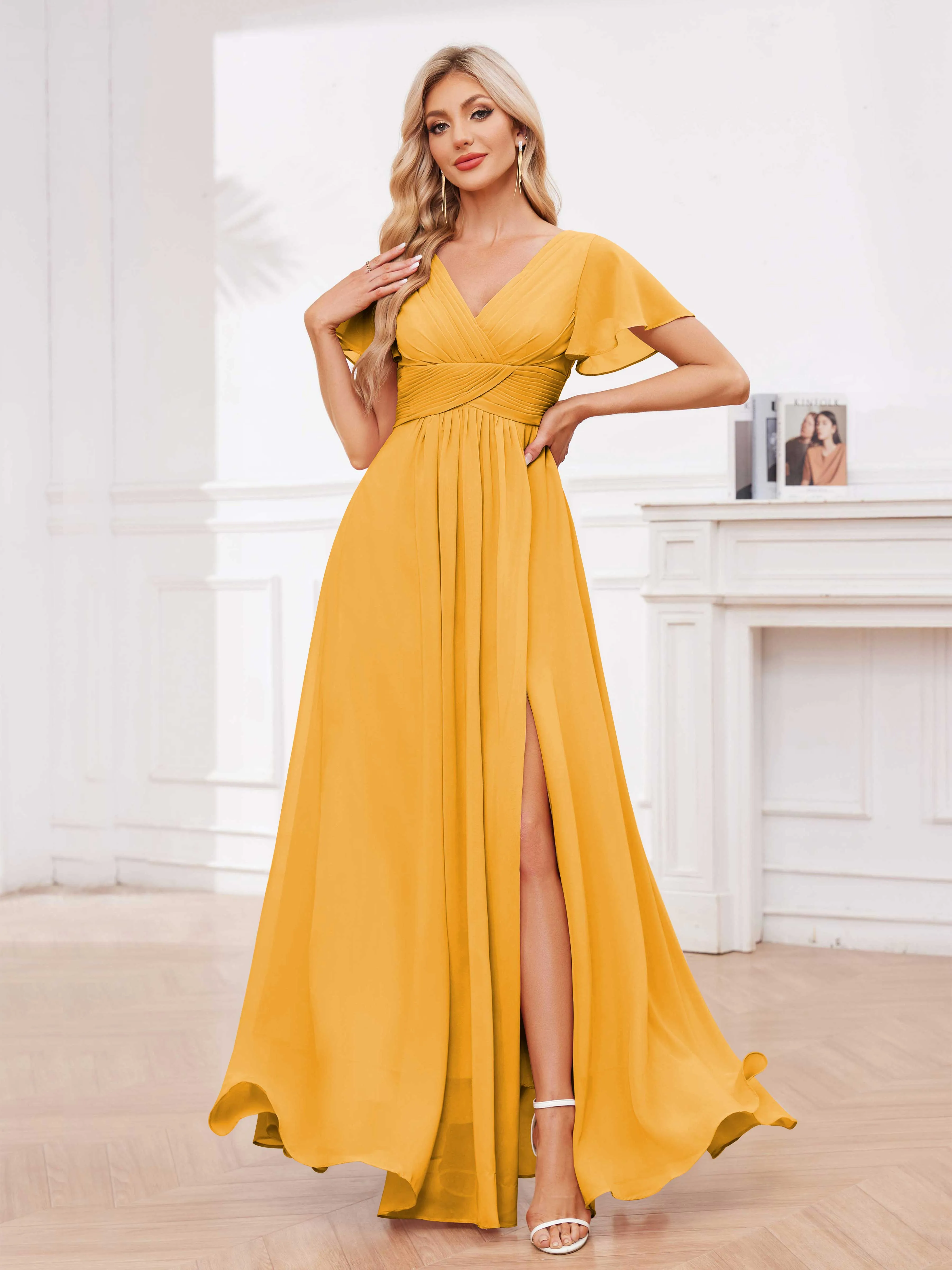 Calliope Graceful V Neck Ruched Floor Length Chiffon Bridesmaid Dresses