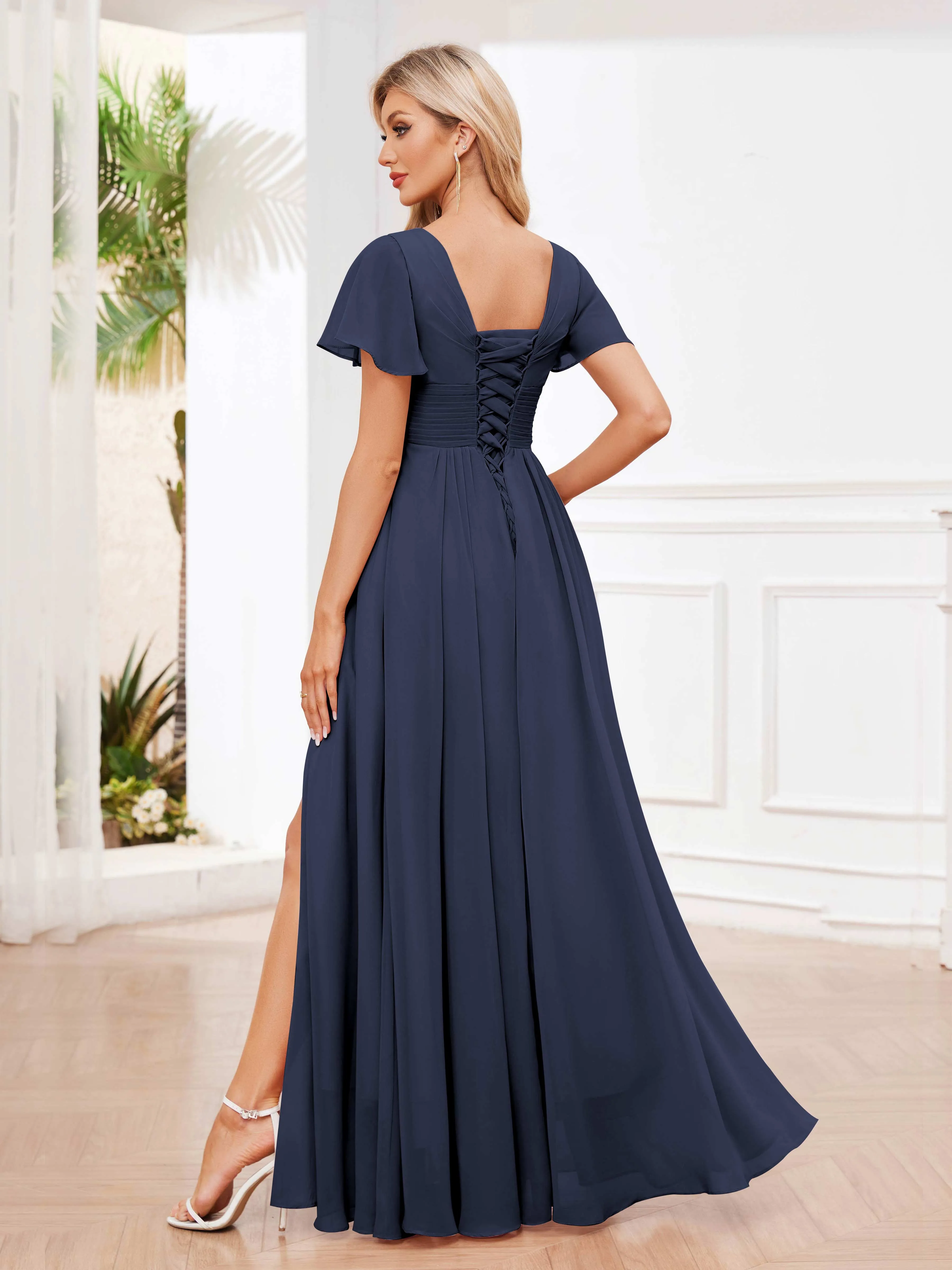 Calliope Graceful V Neck Ruched Floor Length Chiffon Bridesmaid Dresses