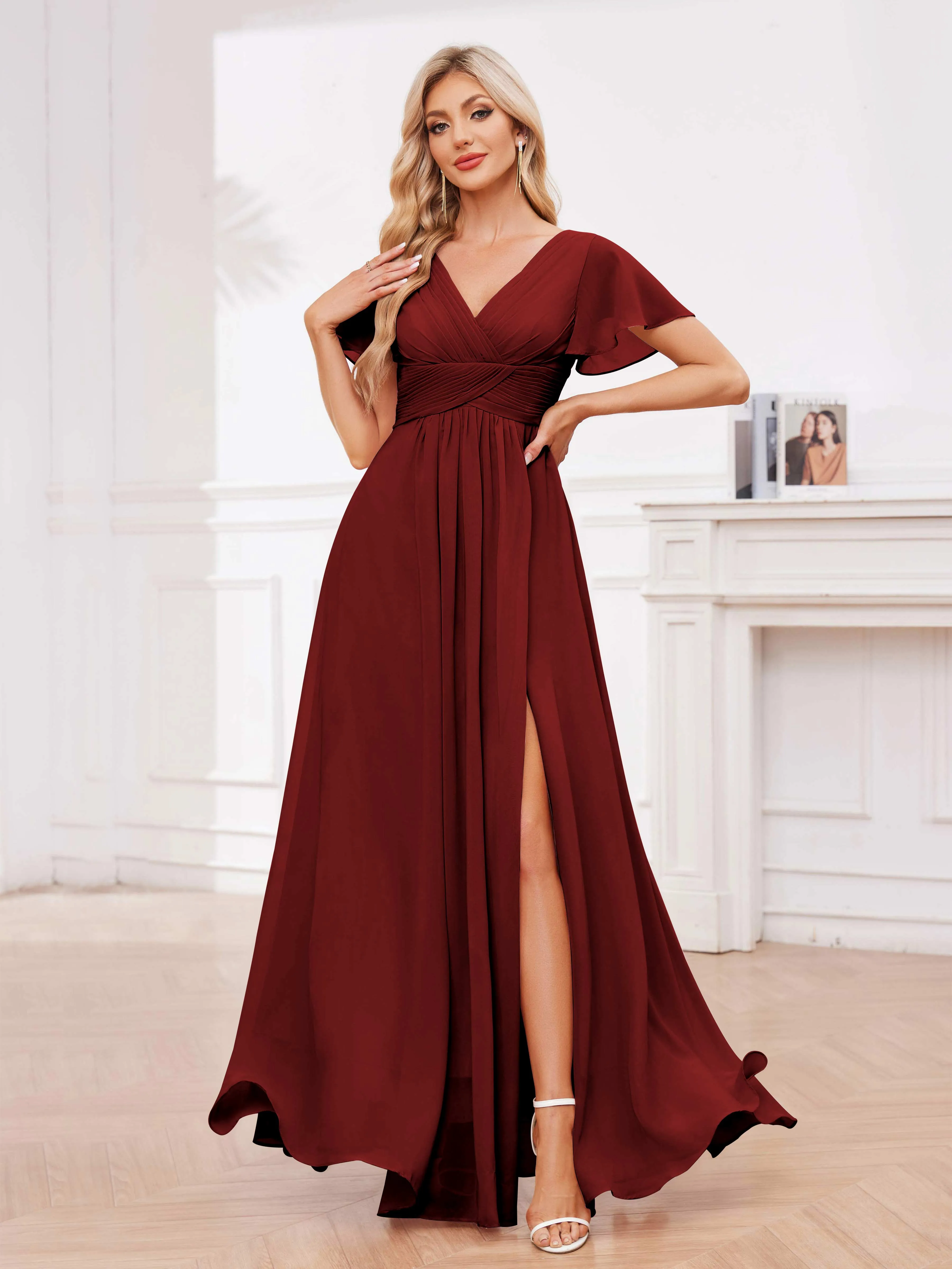 Calliope Graceful V Neck Ruched Floor Length Chiffon Bridesmaid Dresses