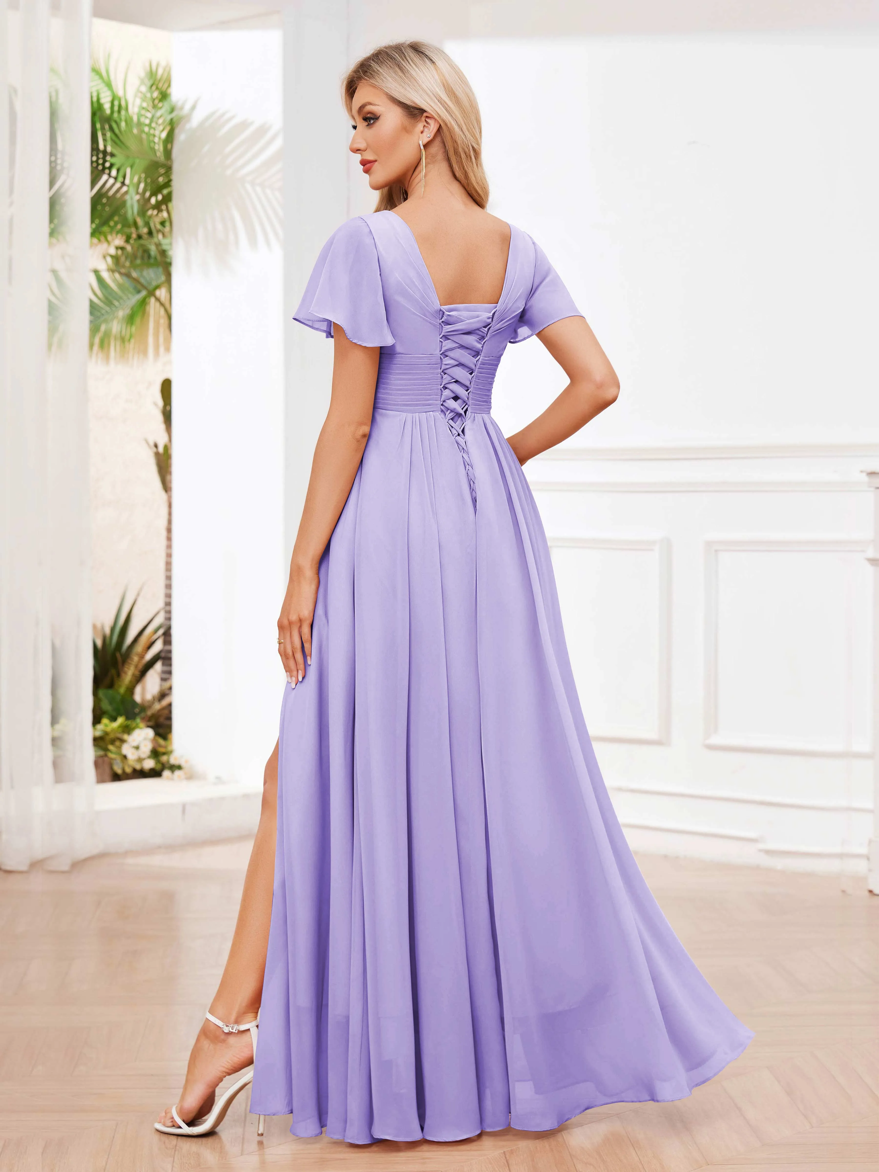 Calliope Graceful V Neck Ruched Floor Length Chiffon Bridesmaid Dresses