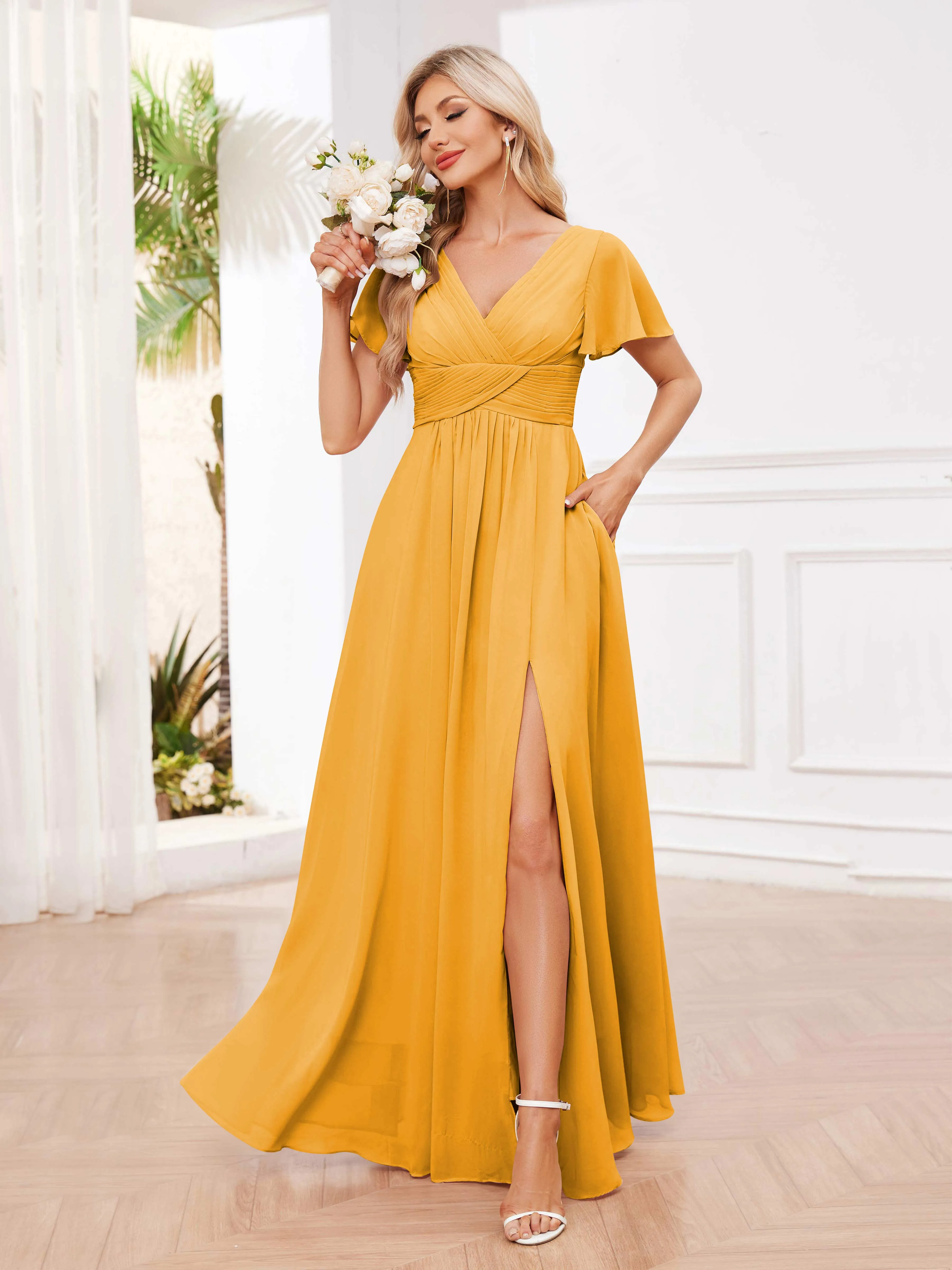 Calliope Graceful V Neck Ruched Floor Length Chiffon Bridesmaid Dresses