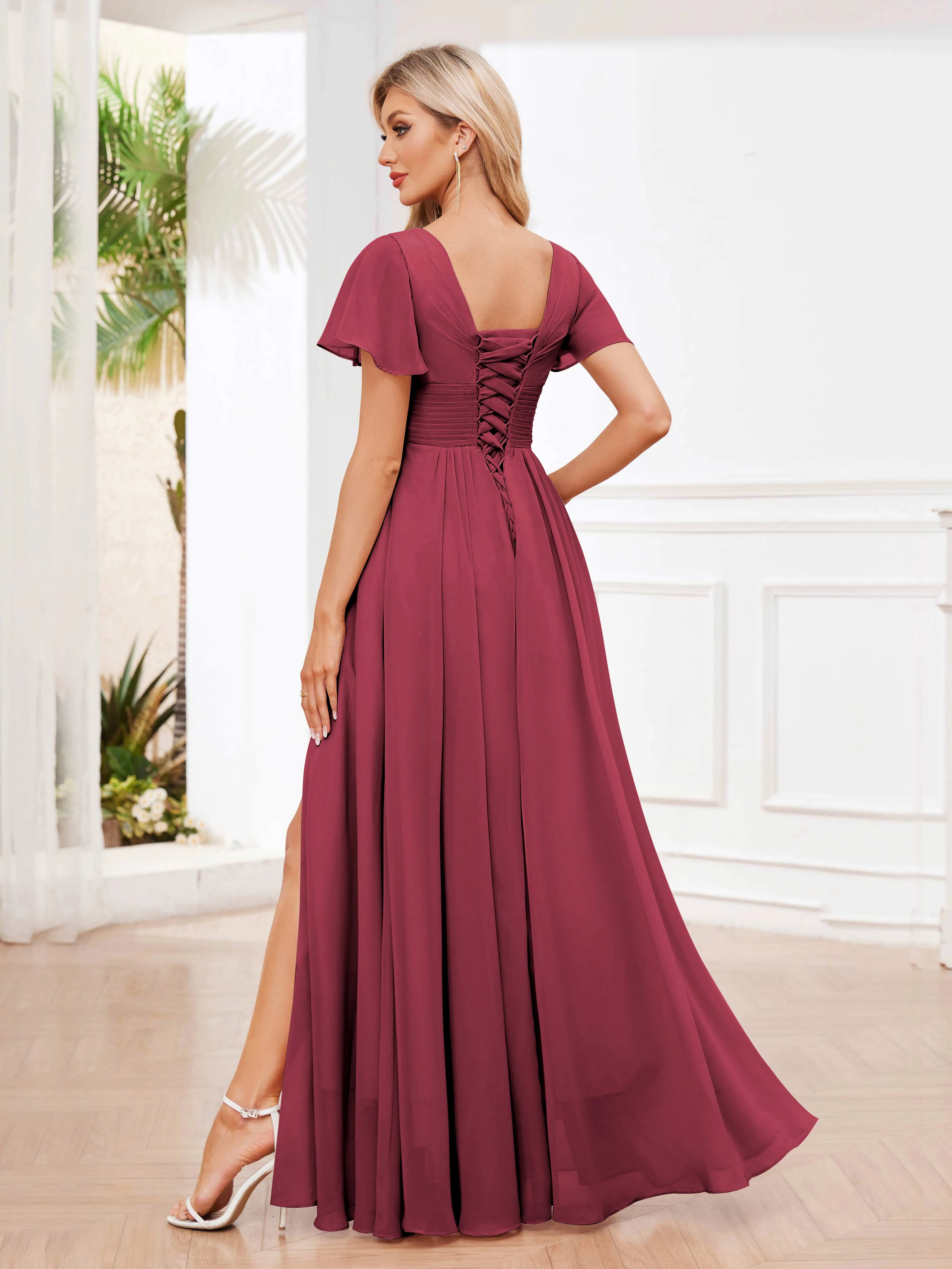 Calliope Graceful V Neck Ruched Floor Length Chiffon Bridesmaid Dresses
