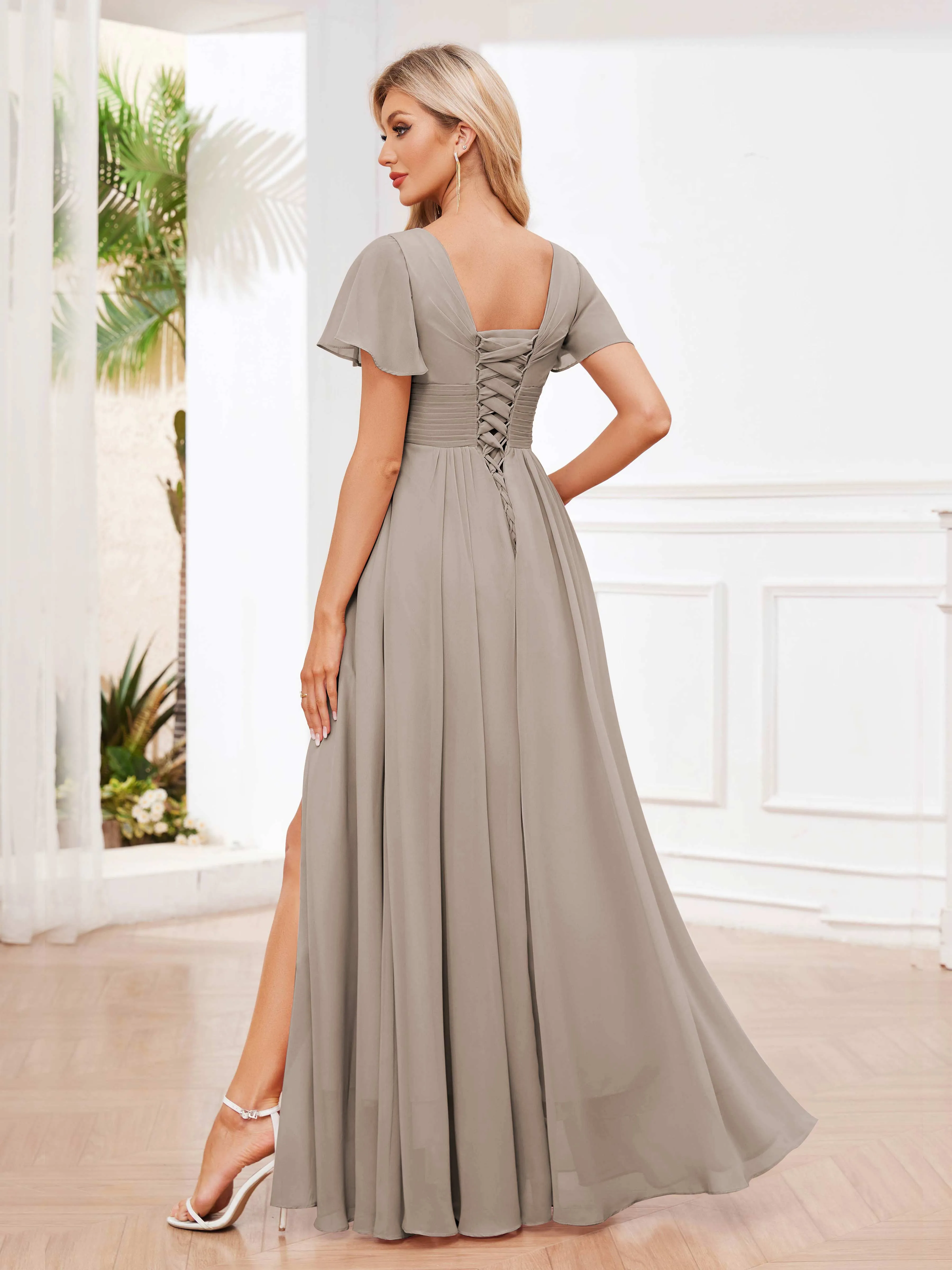 Calliope Graceful V Neck Ruched Floor Length Chiffon Bridesmaid Dresses