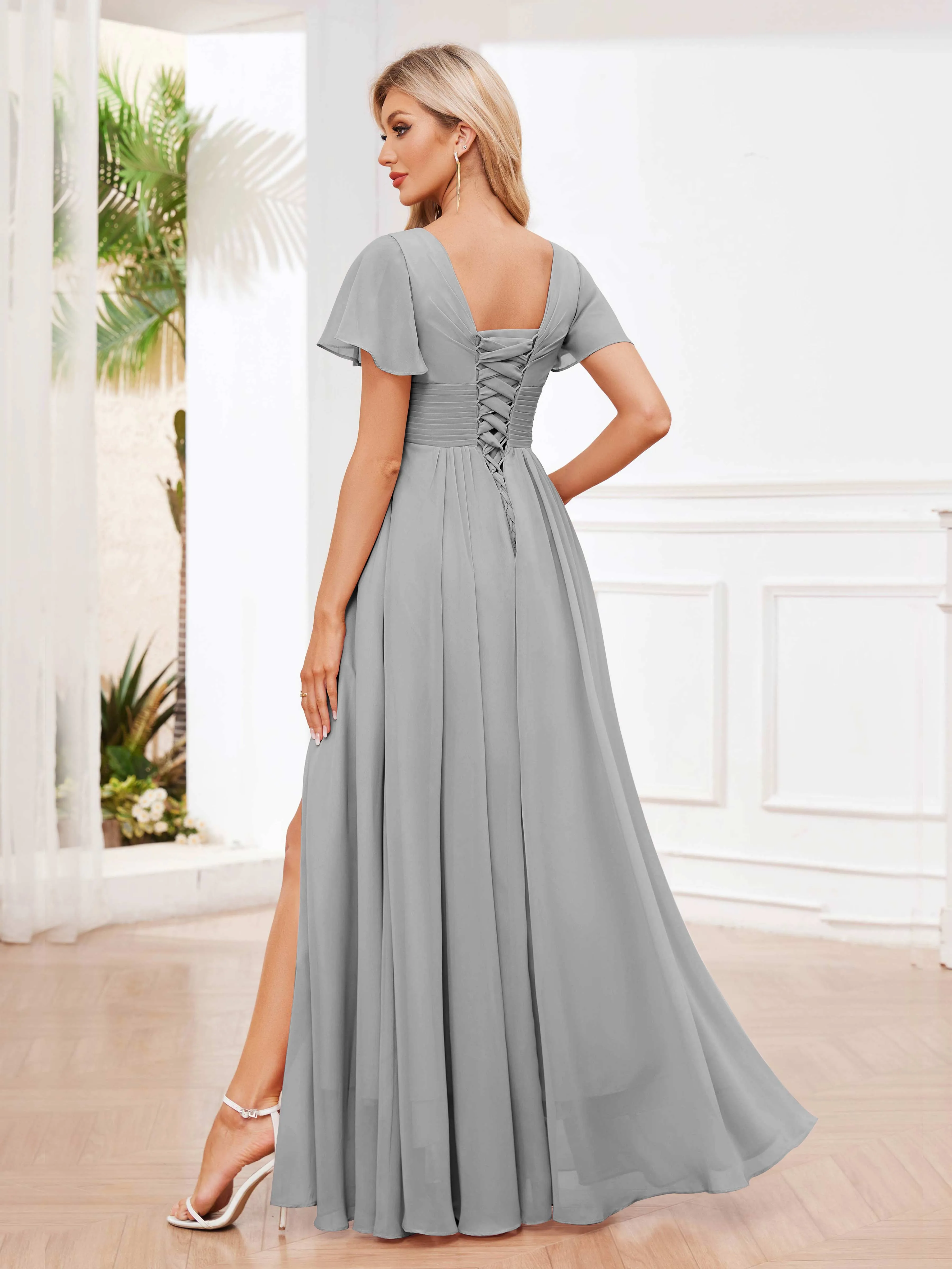 Calliope Graceful V Neck Ruched Floor Length Chiffon Bridesmaid Dresses