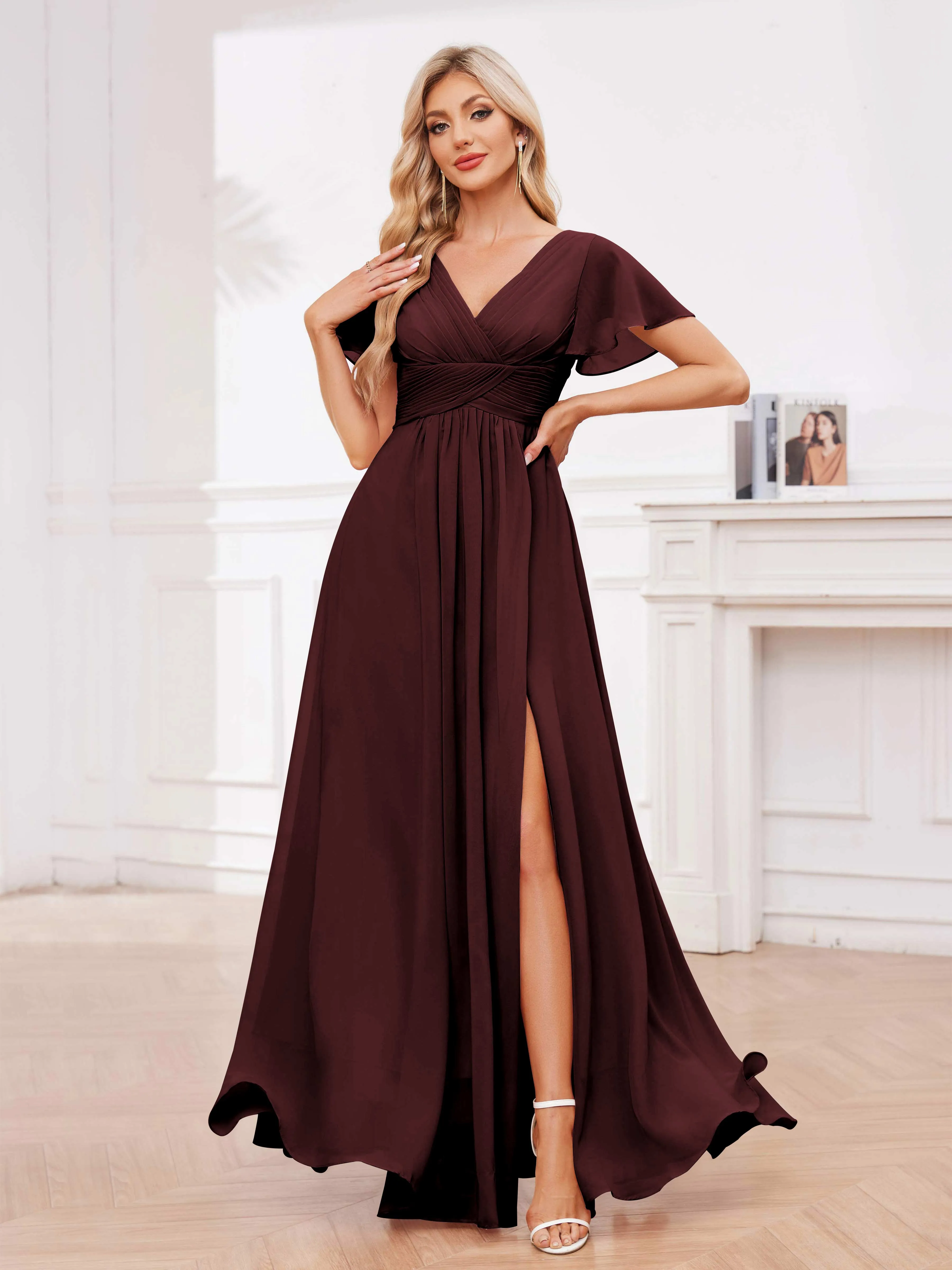 Calliope Graceful V Neck Ruched Floor Length Chiffon Bridesmaid Dresses