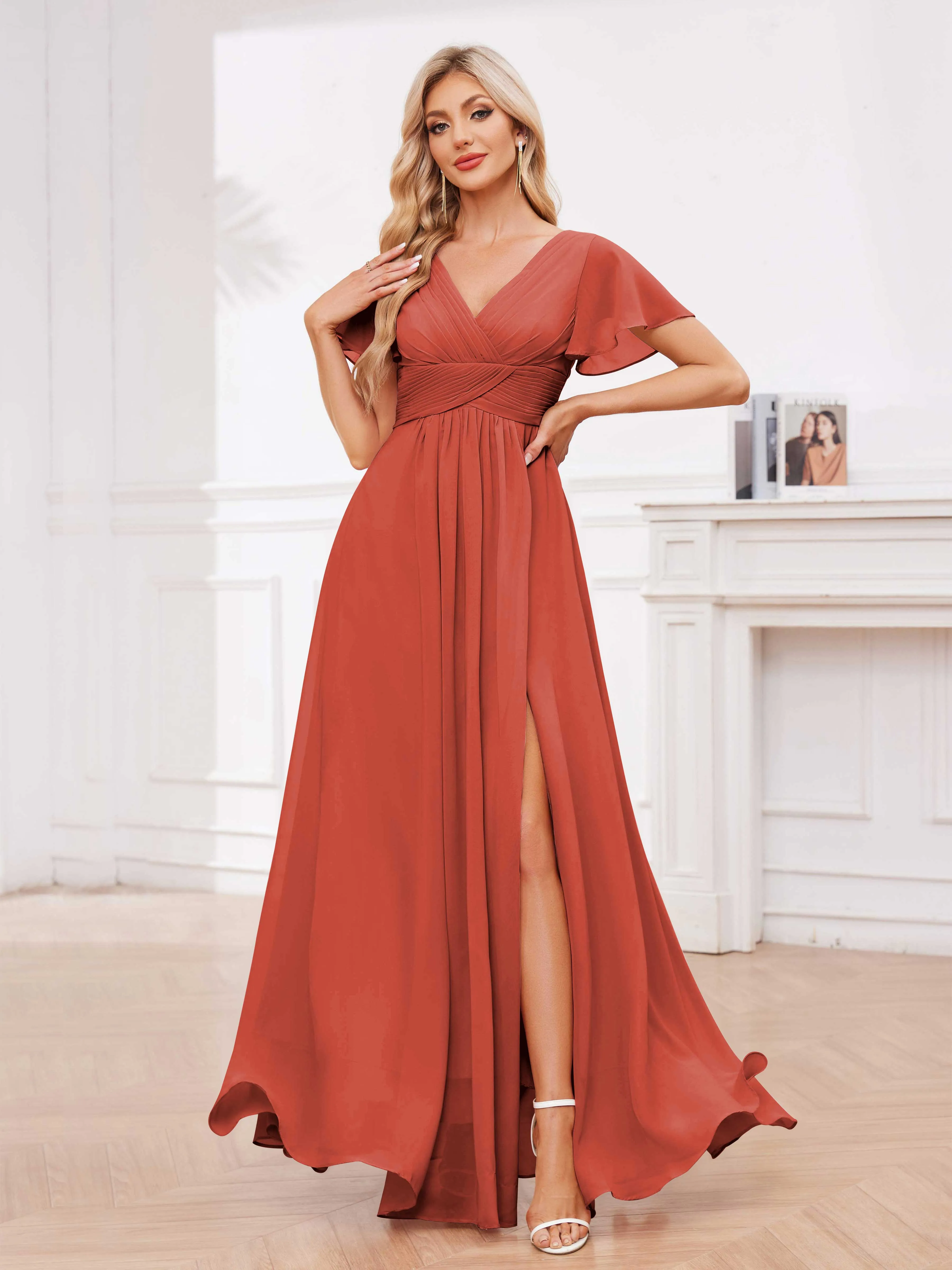 Calliope Graceful V Neck Ruched Floor Length Chiffon Bridesmaid Dresses