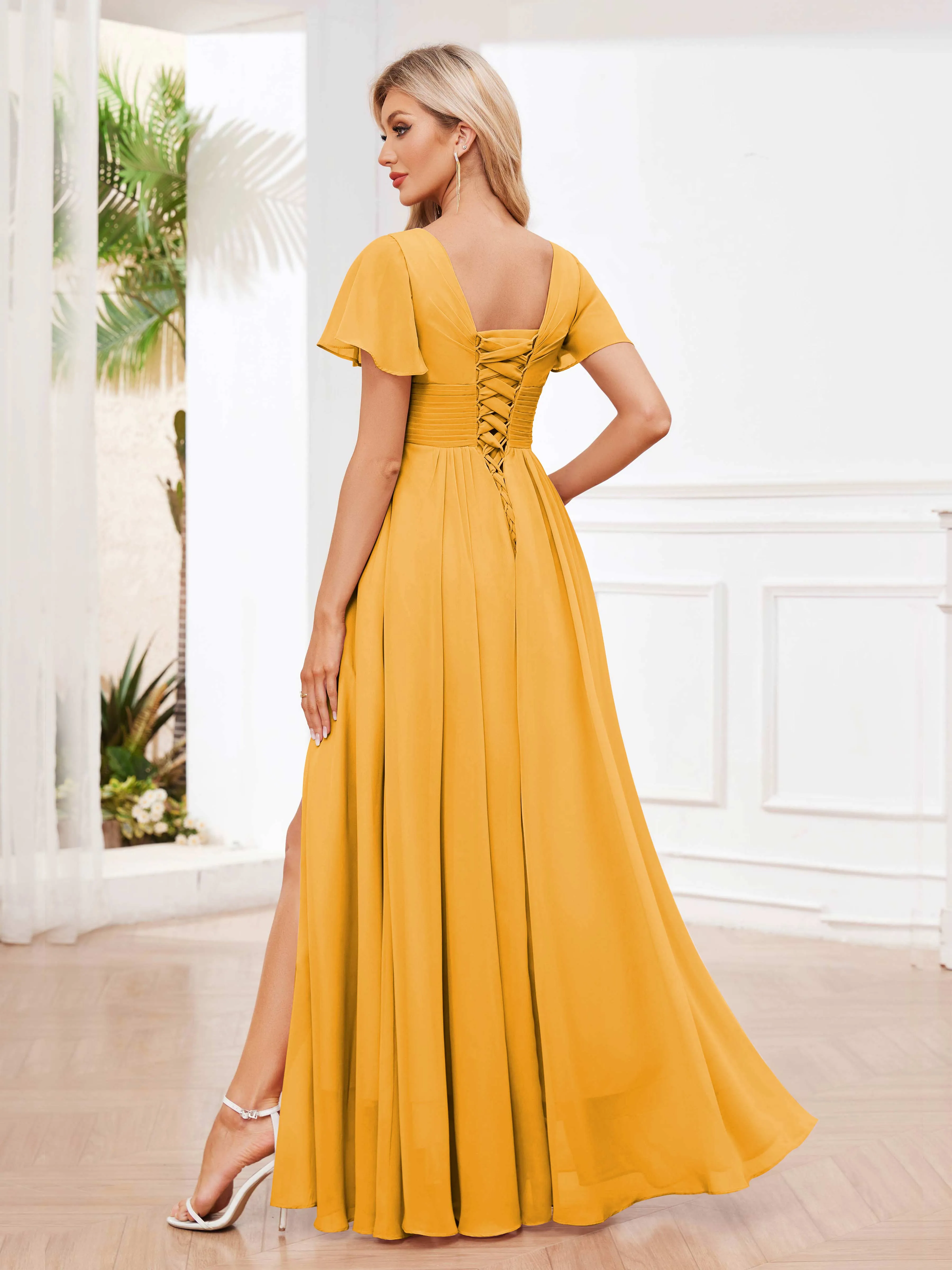 Calliope Graceful V Neck Ruched Floor Length Chiffon Bridesmaid Dresses
