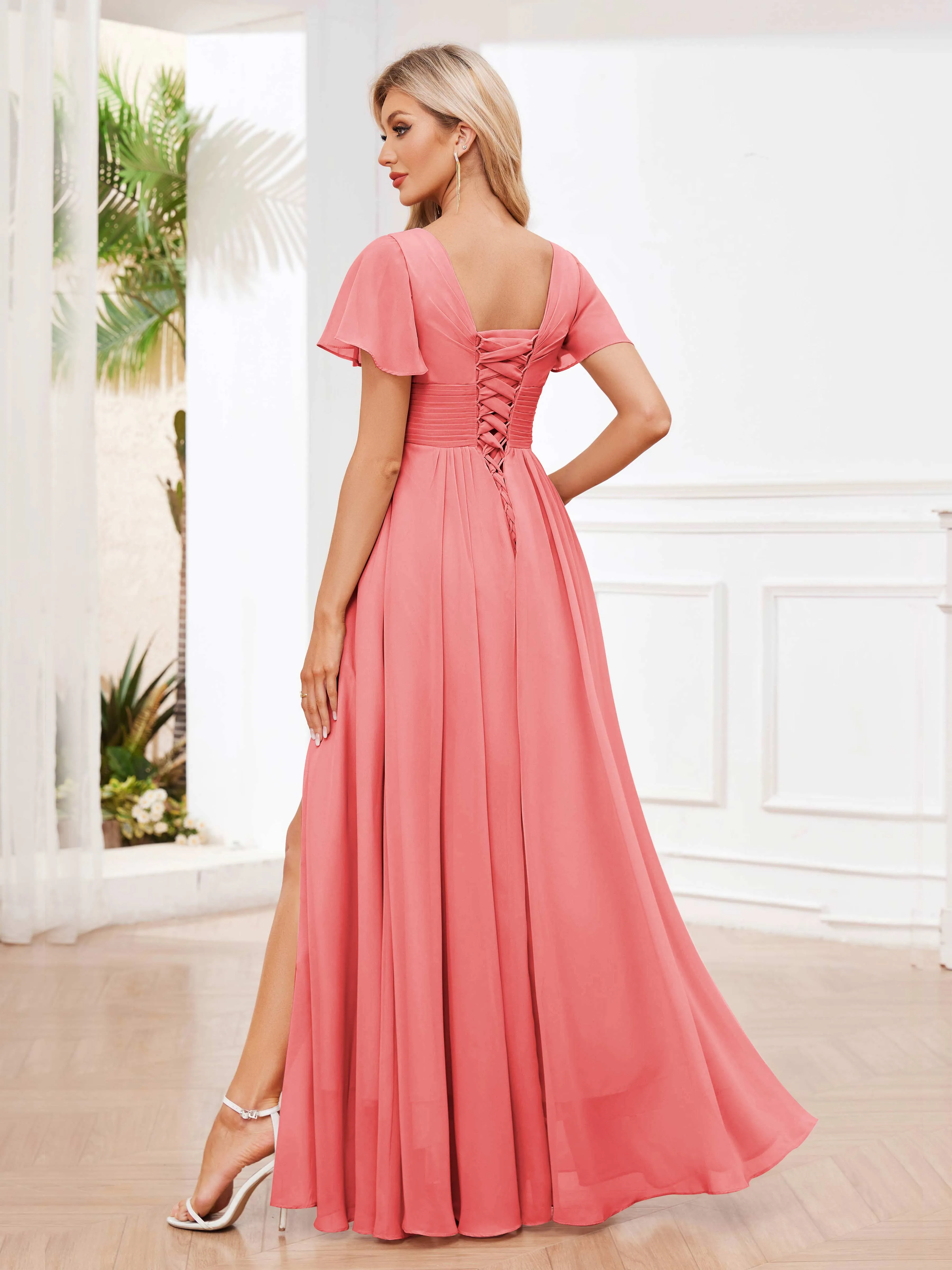 Calliope Graceful V Neck Ruched Floor Length Chiffon Bridesmaid Dresses