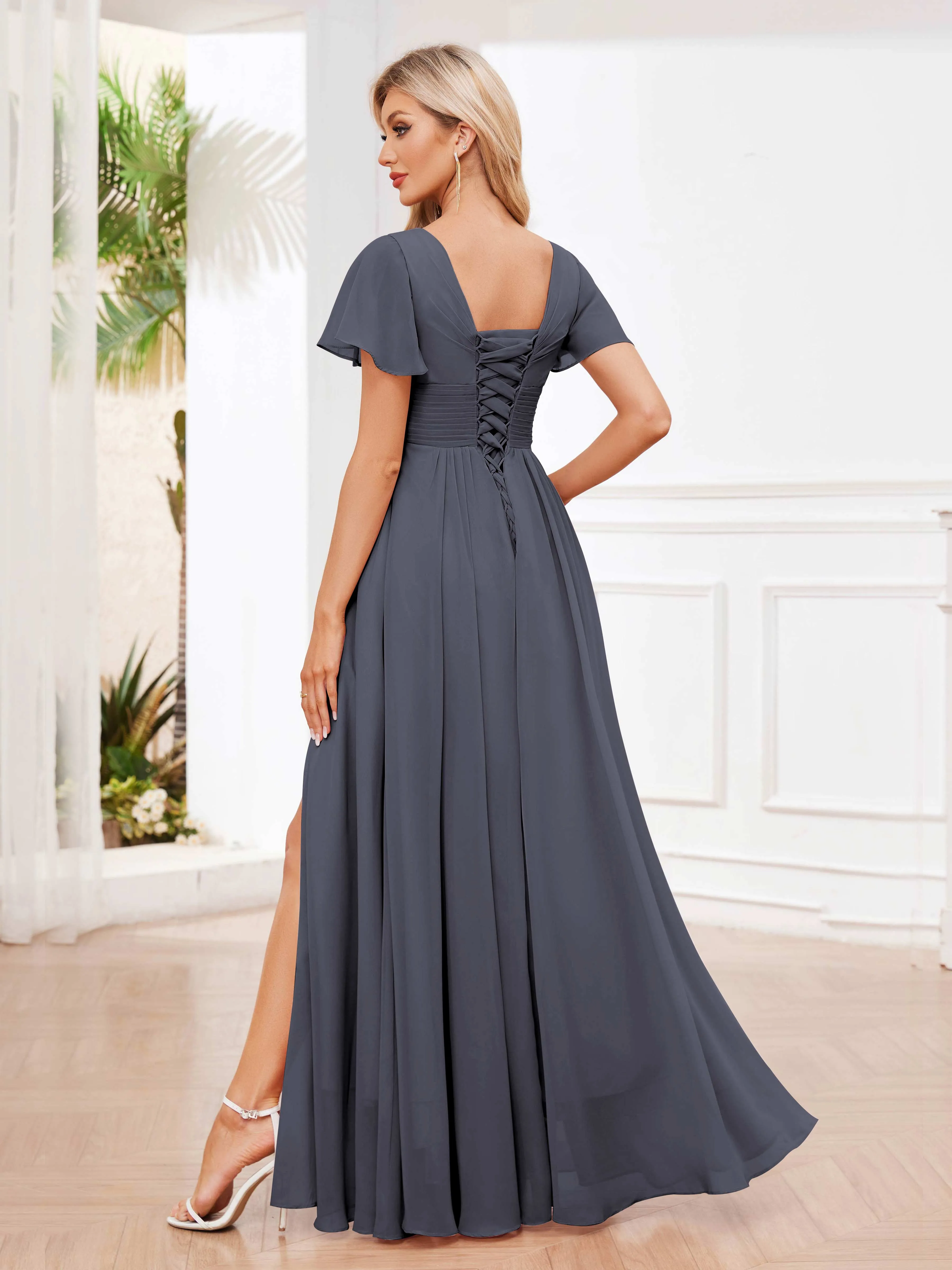 Calliope Graceful V Neck Ruched Floor Length Chiffon Bridesmaid Dresses