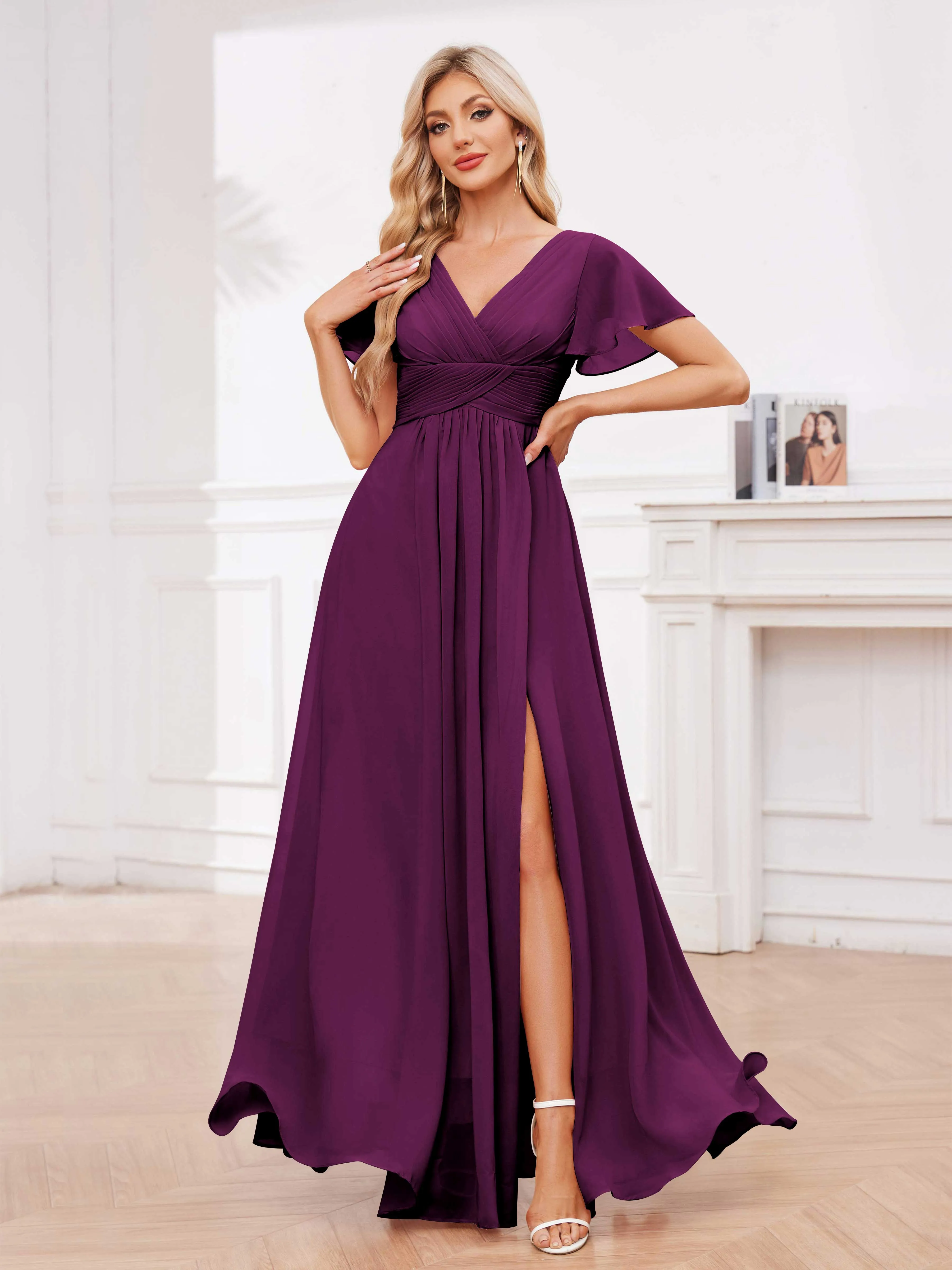 Calliope Graceful V Neck Ruched Floor Length Chiffon Bridesmaid Dresses