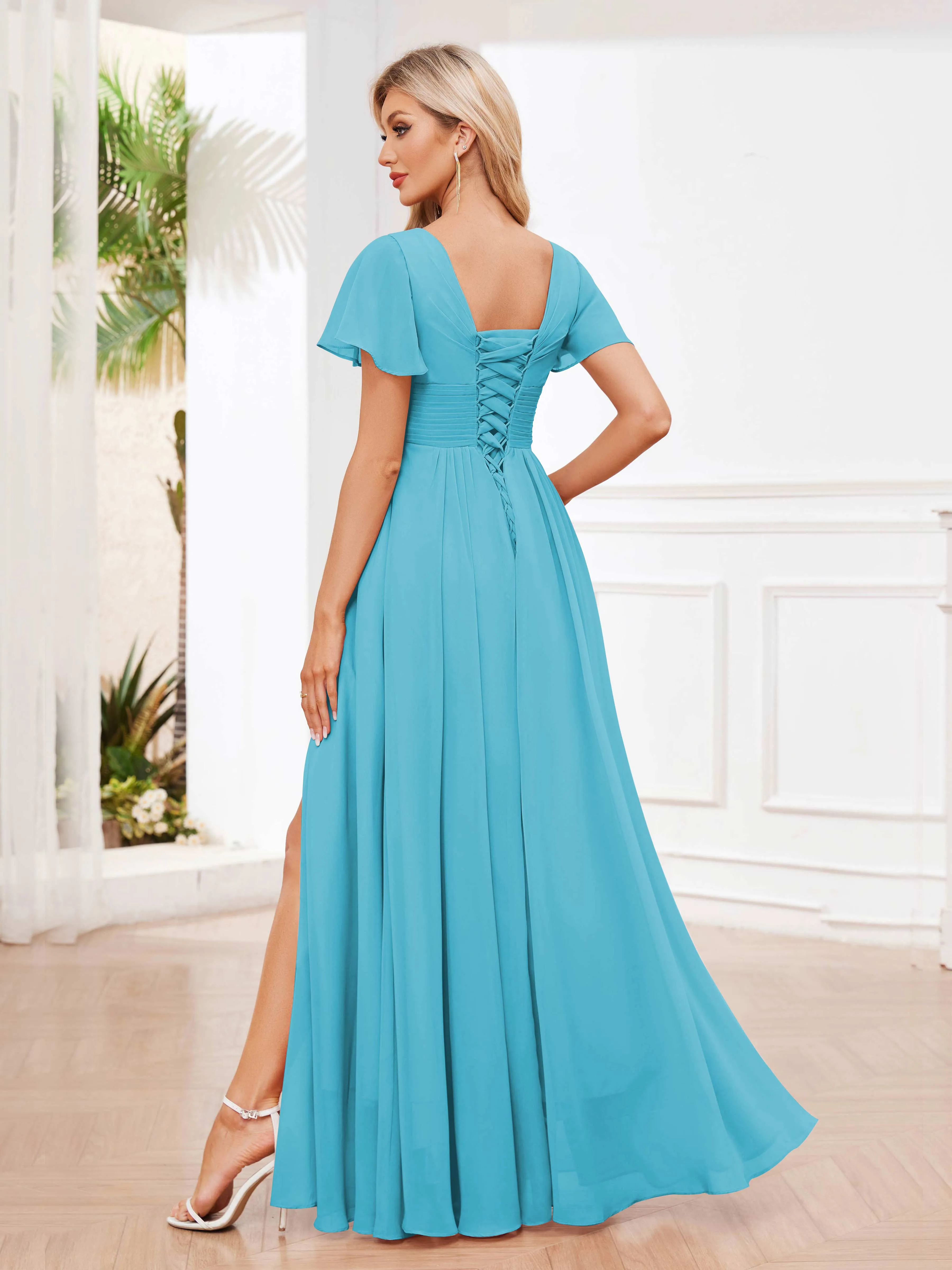 Calliope Graceful V Neck Ruched Floor Length Chiffon Bridesmaid Dresses