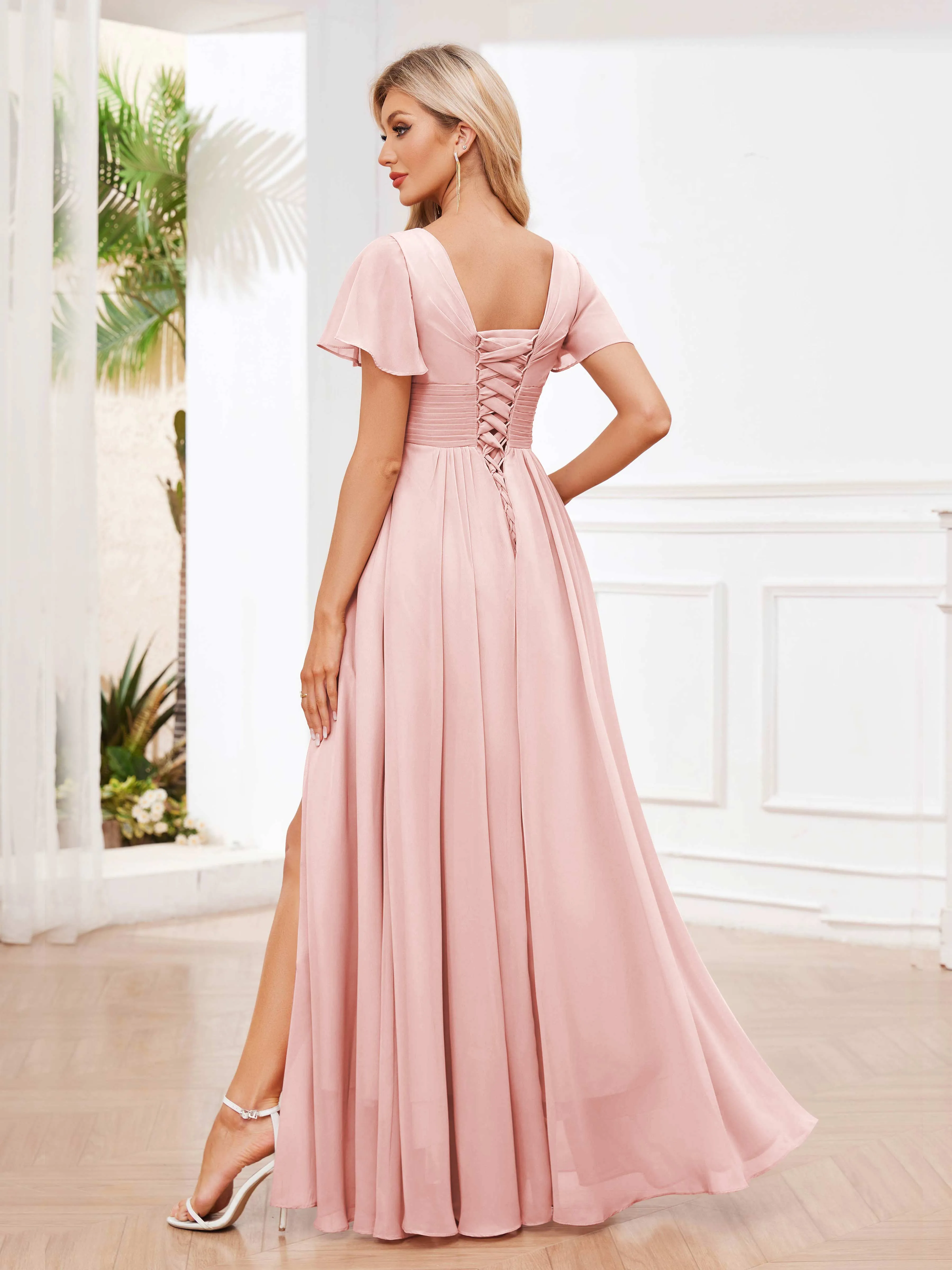 Calliope Graceful V Neck Ruched Floor Length Chiffon Bridesmaid Dresses