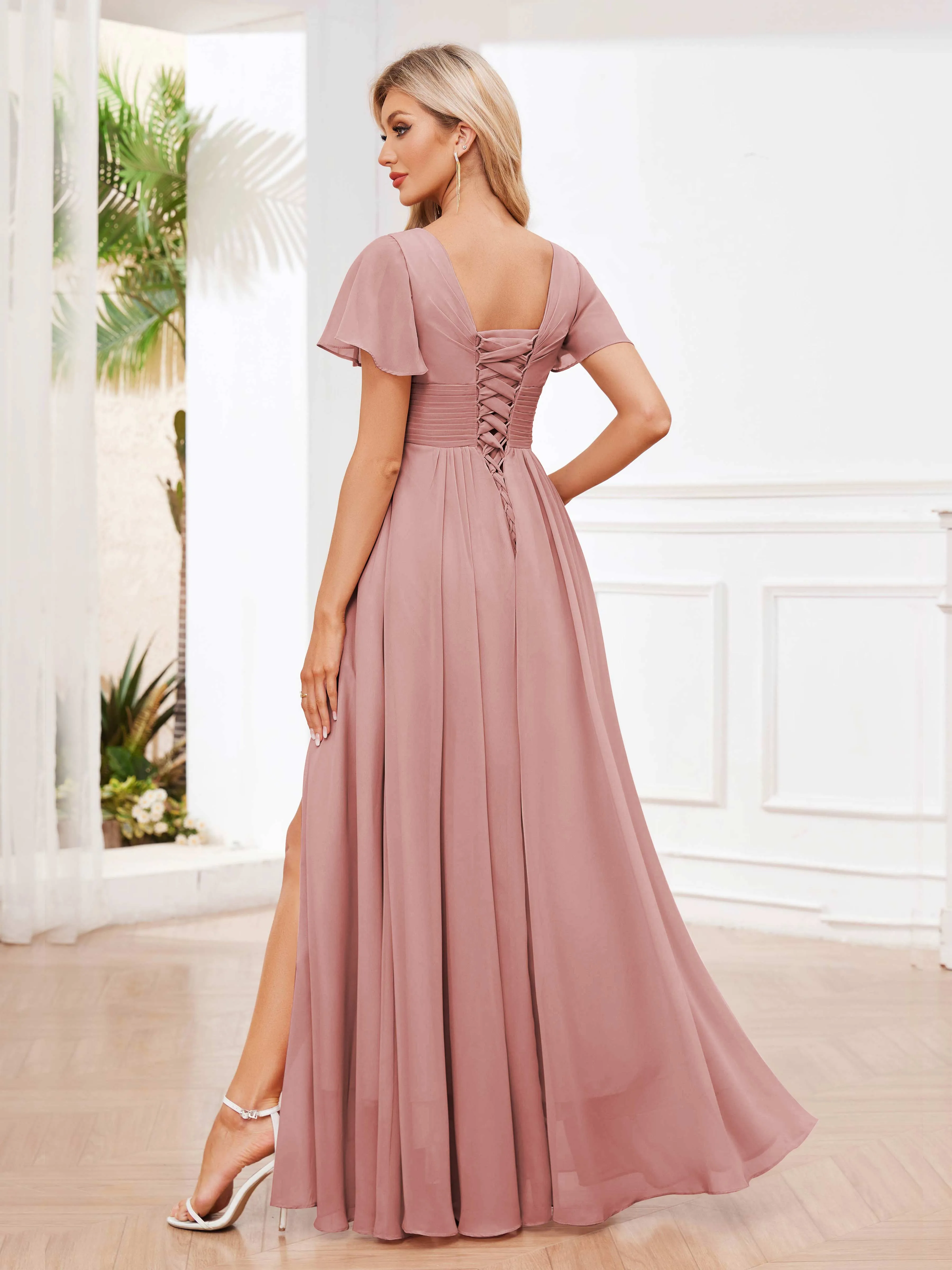 Calliope Graceful V Neck Ruched Floor Length Chiffon Bridesmaid Dresses