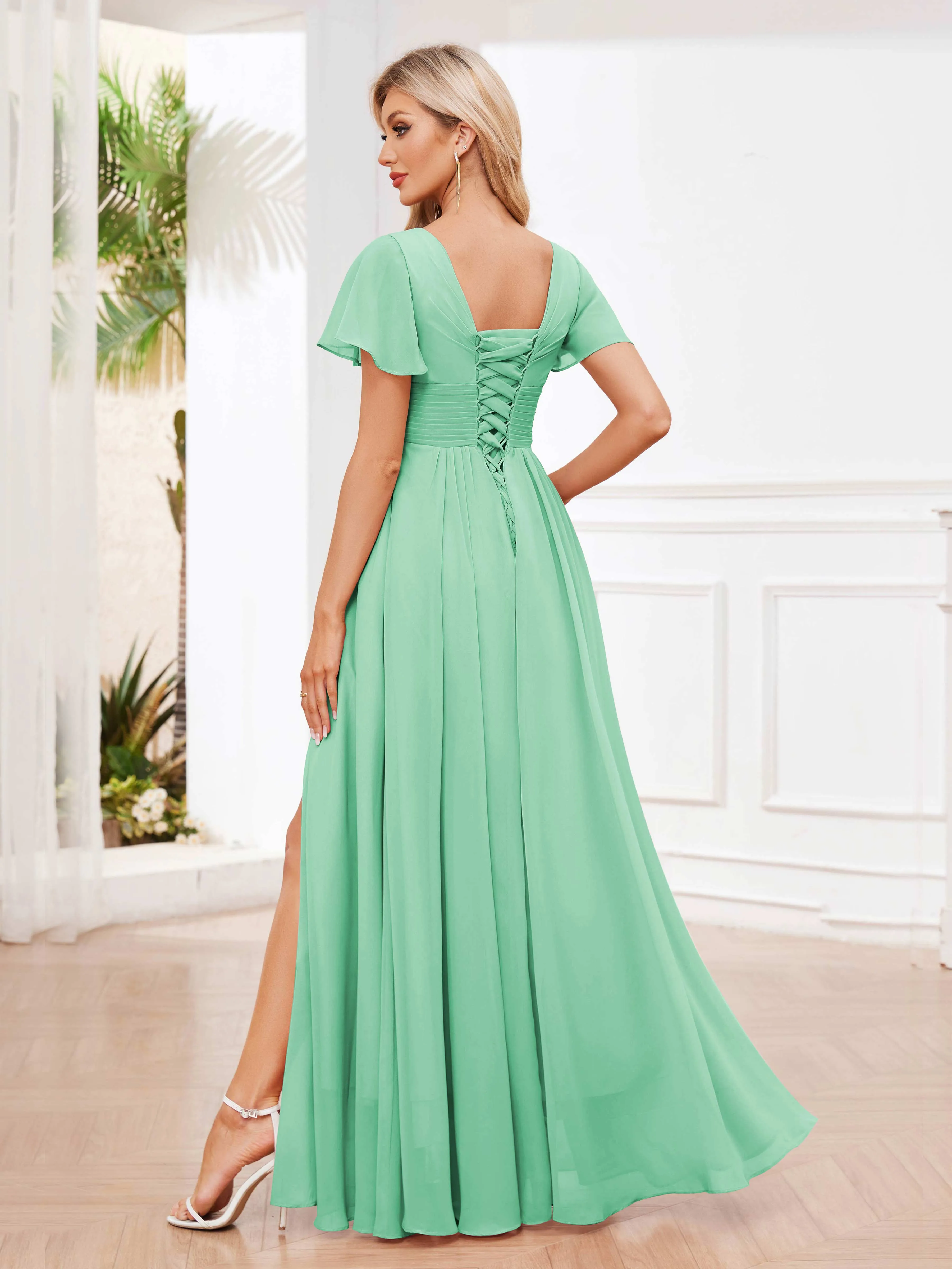 Calliope Graceful V Neck Ruched Floor Length Chiffon Bridesmaid Dresses