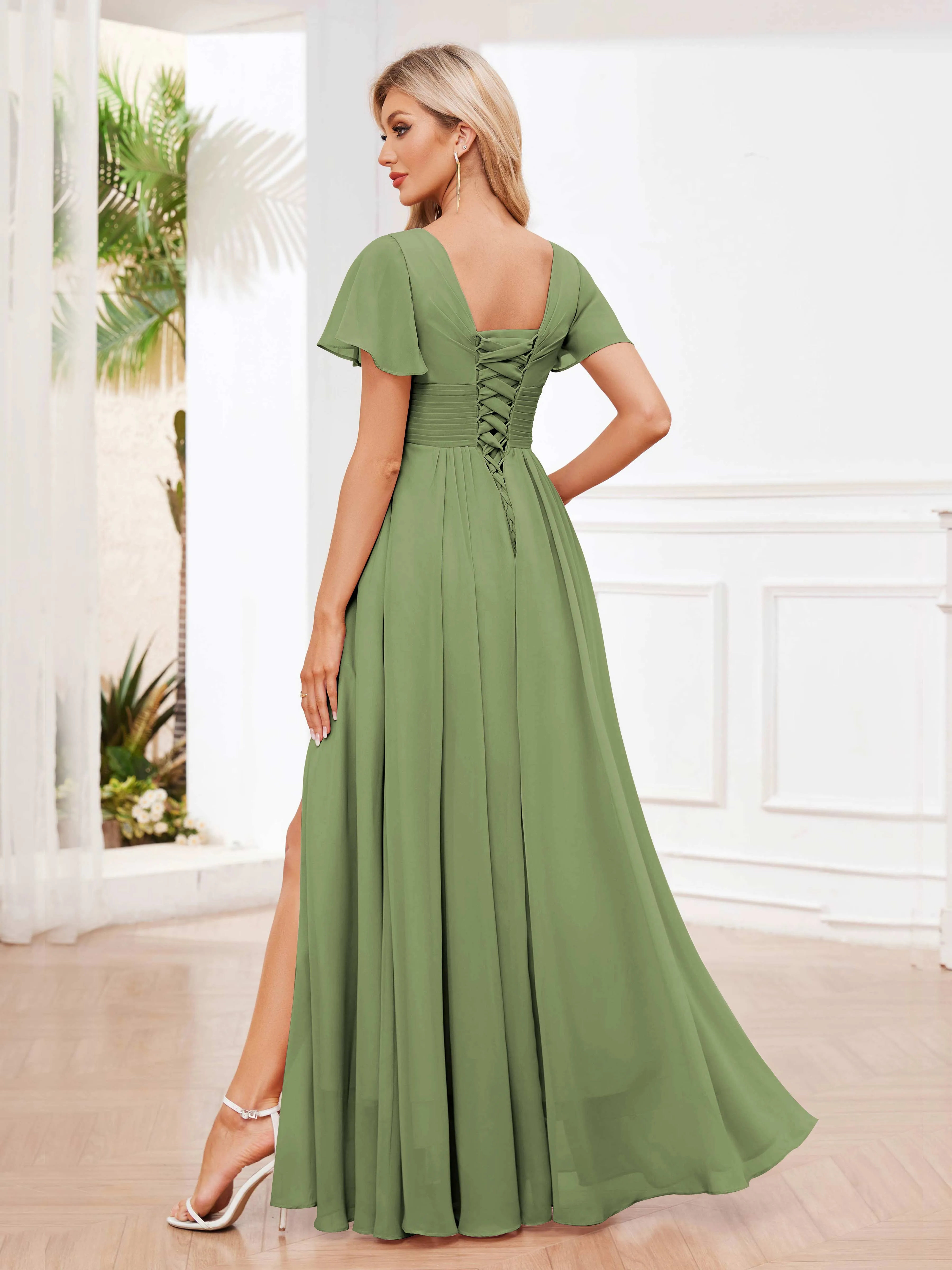 Calliope Graceful V Neck Ruched Floor Length Chiffon Bridesmaid Dresses