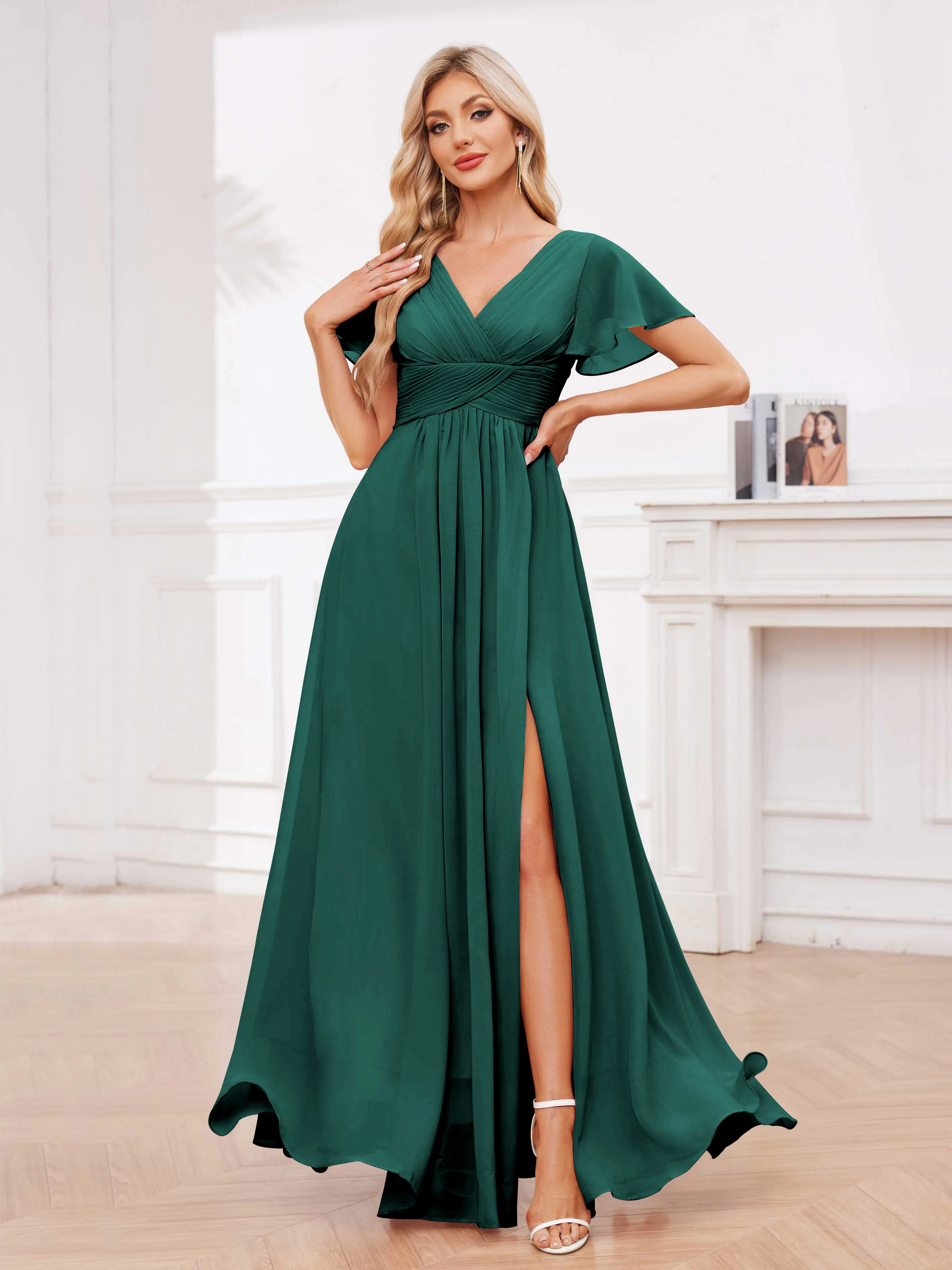 Calliope Graceful V Neck Ruched Floor Length Chiffon Bridesmaid Dresses
