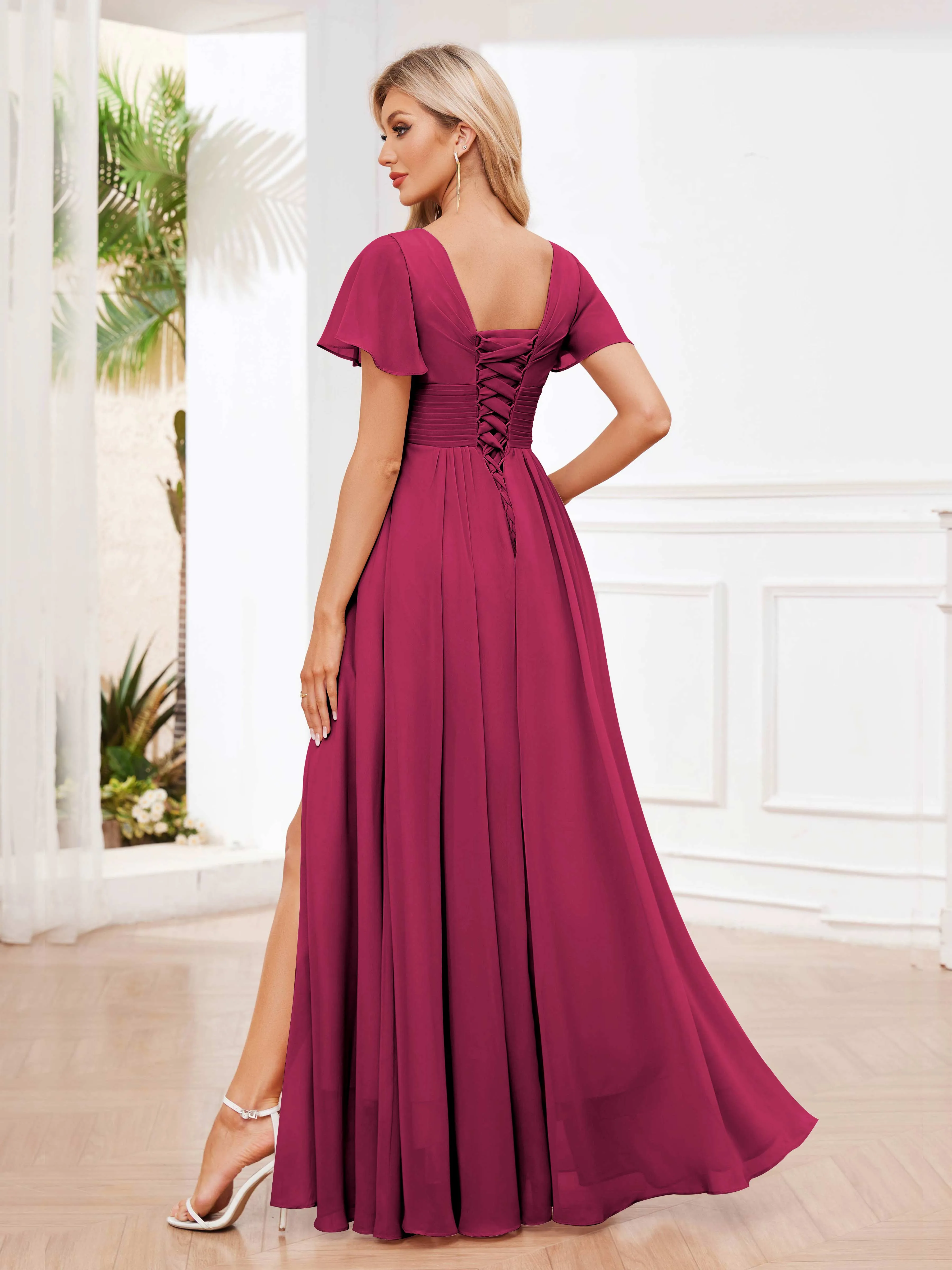 Calliope Graceful V Neck Ruched Floor Length Chiffon Bridesmaid Dresses
